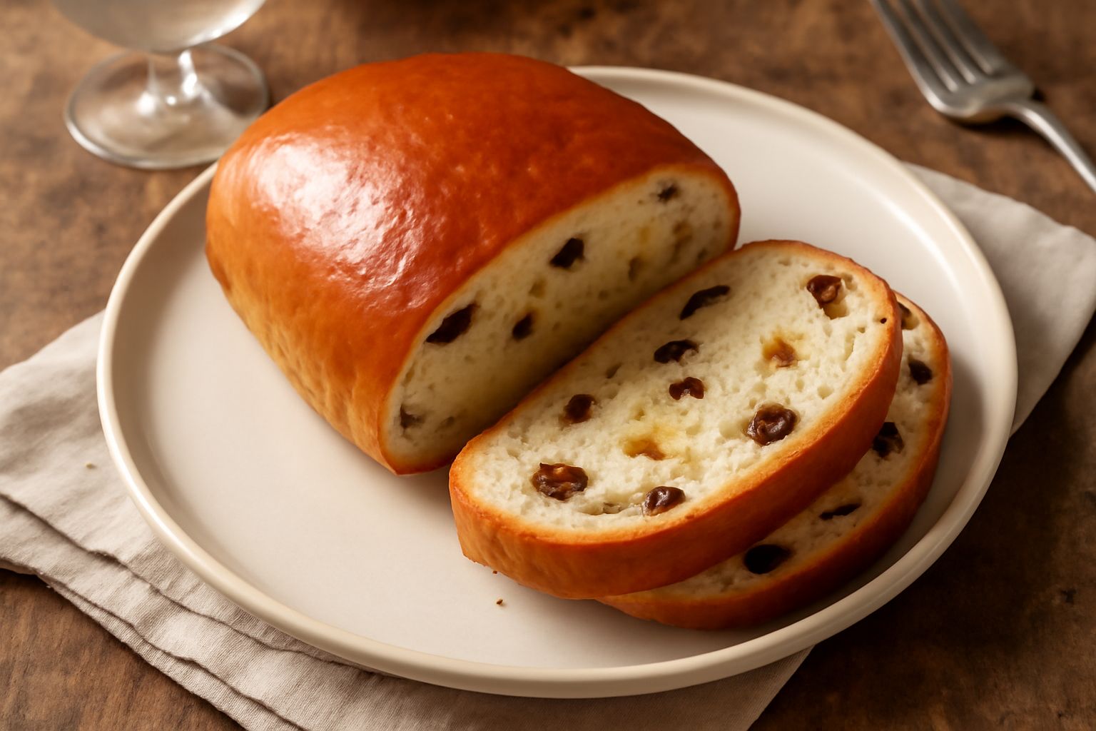 Pane dolce di Salerno intero, di forma ovale, con crosta dorata e brillante, affettato a mostrare la mollica chiara, soffice, punteggiata di uvetta scura e canditi gialli, disposto su un piatto bianco