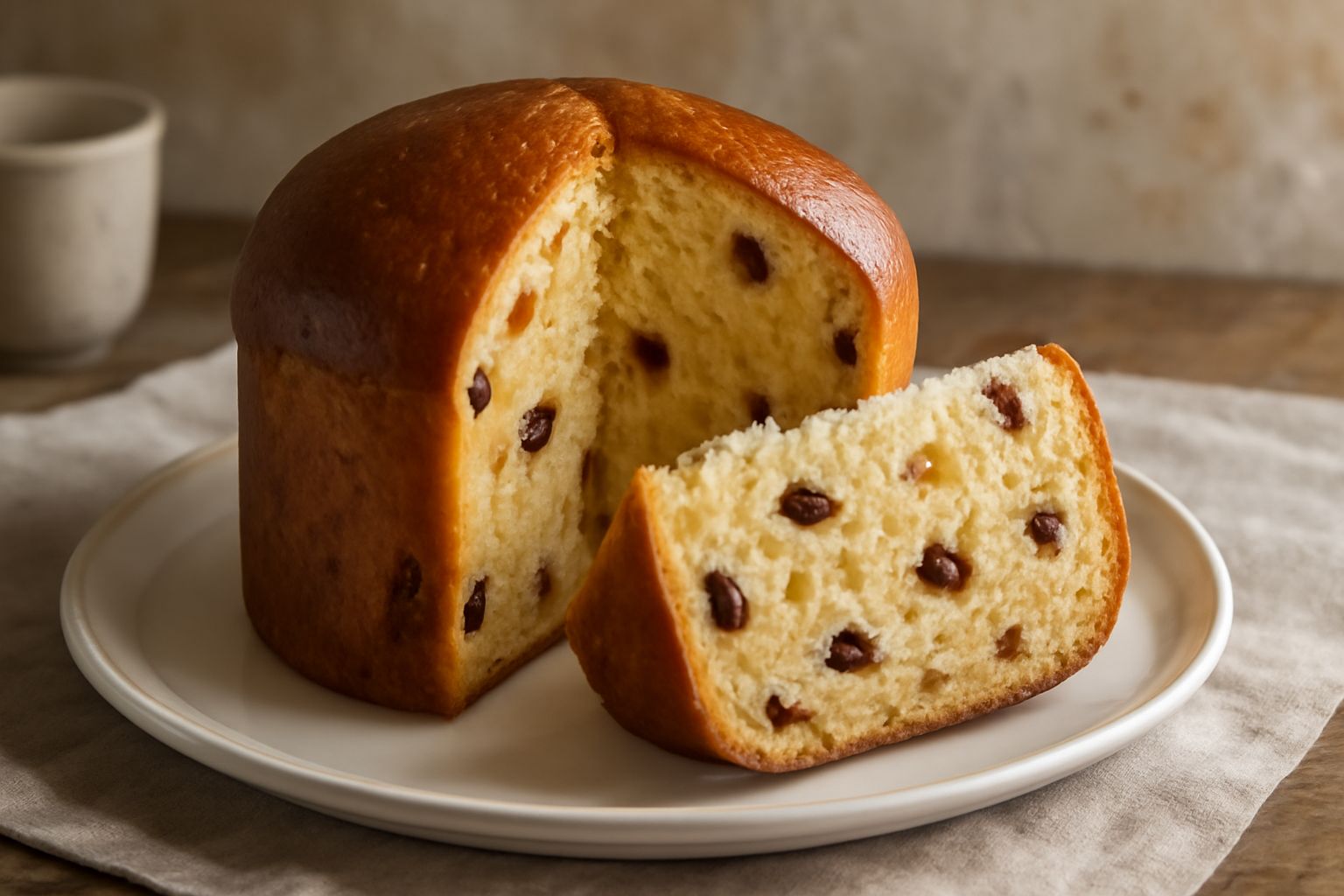 Panettone appena sfornato dorato, con cupola bombata e base regolare, coperto leggermente di zucchero a velo, tagliato per mostrare la molla interna con uvetta e scorze candite distribuite uniformemen