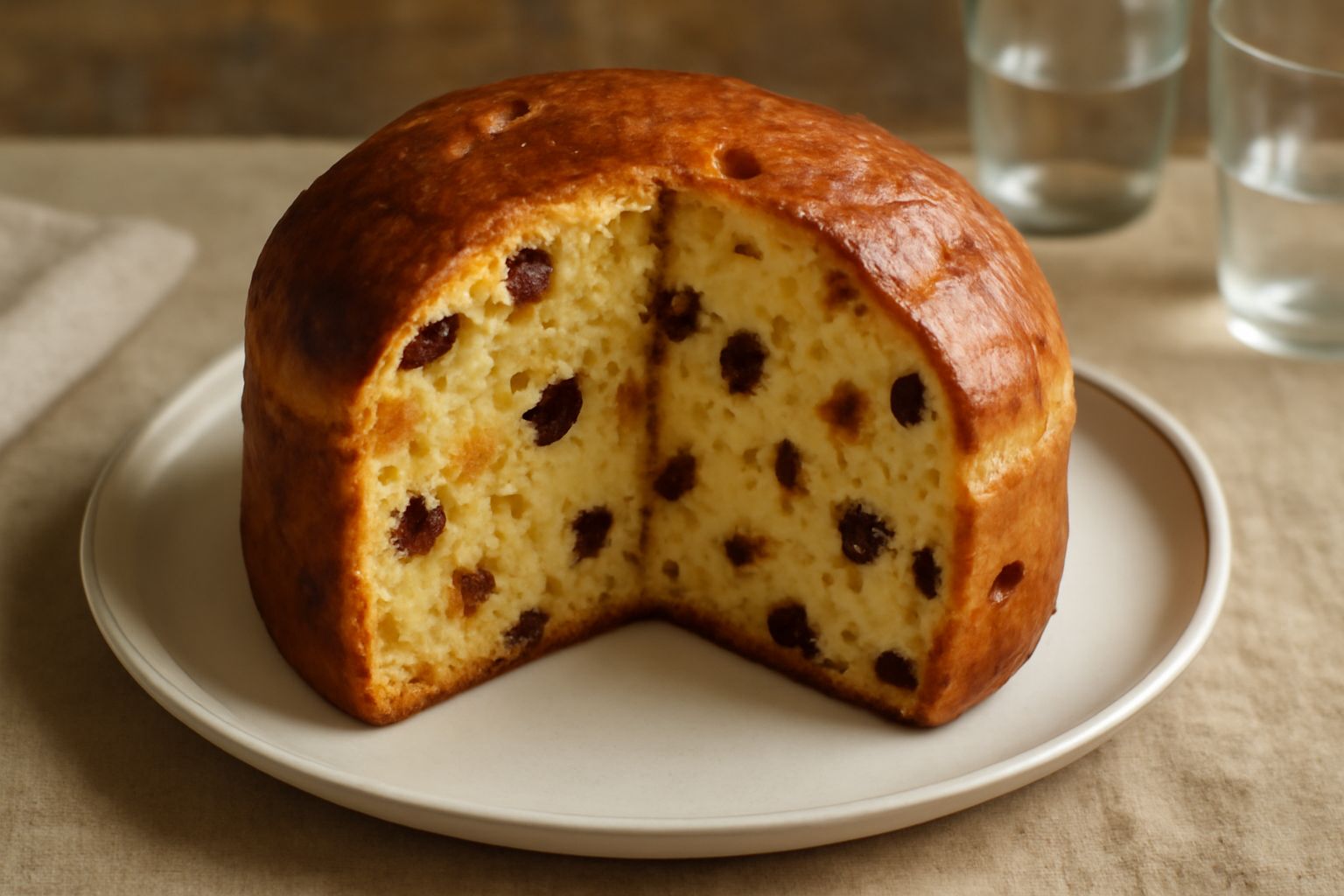 Pane dolce pasquale intero e affettato su tavolo di legno, con mollica gialla e soffice punteggiata di uvetta e frutta candita, crosta dorata, fette appoggiate accanto