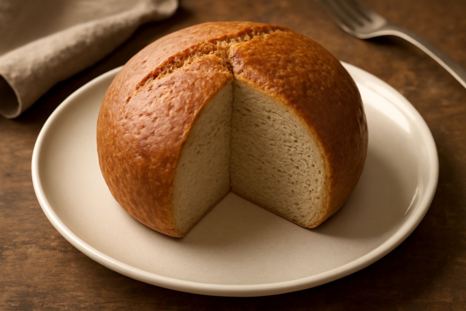 Pane d'orzo rotondo dorato con crosta screpolata, tagliato a metà, mostra la mollica beige chiara e uniforme, servito su un canovaccio di lino bianco naturale