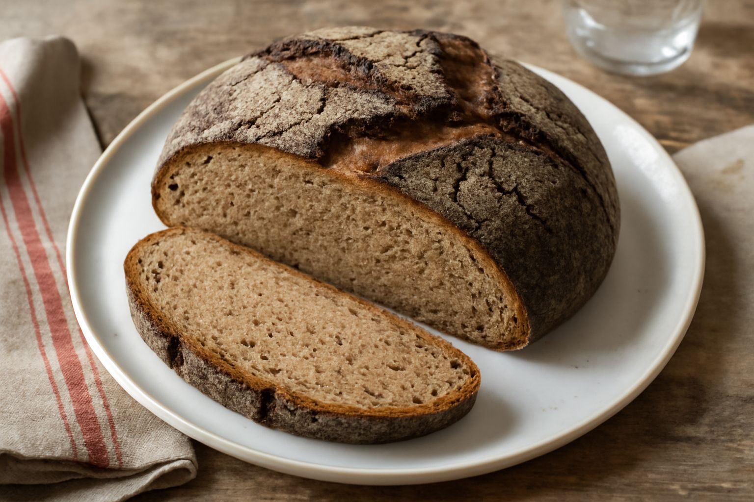 Pane a forma ovale con crosta scura marrone e profonde screpolature, tagliato a metà per mostrare il miolo compatto grigio-beige con striature irregolari, posato su una tavola di legno scuro