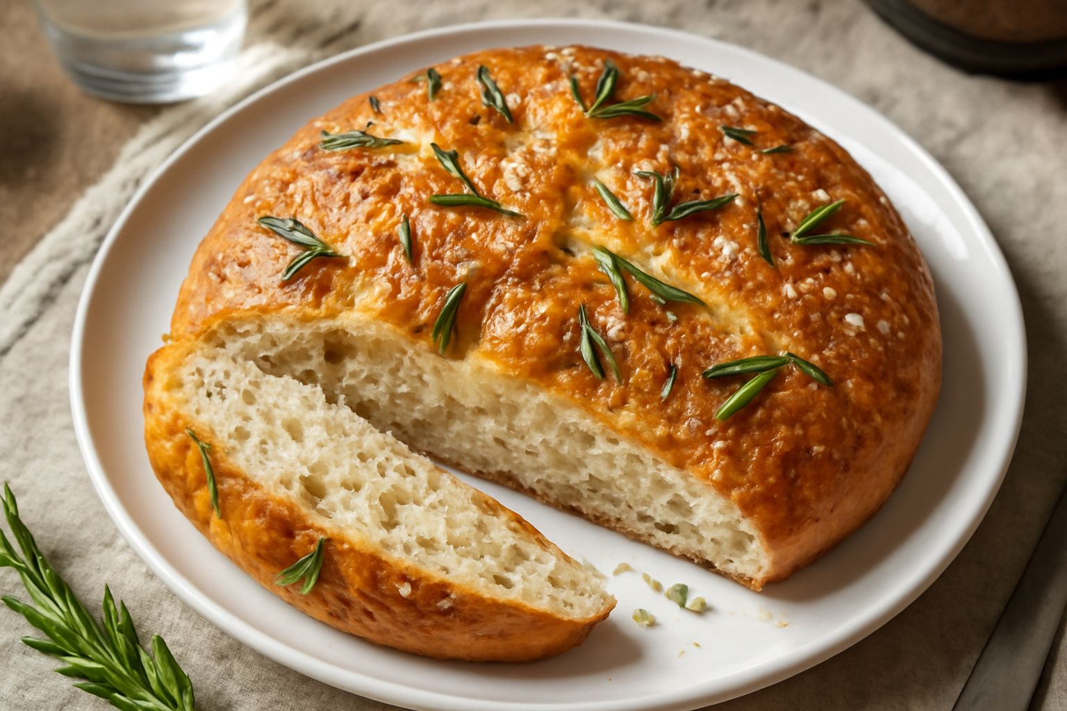 Pane di rosmarino salato dorato, rettangolare, ricoperto di cristalli di sale grosso e aghi di rosmarino, appena sfornato su una carta da forno bianca