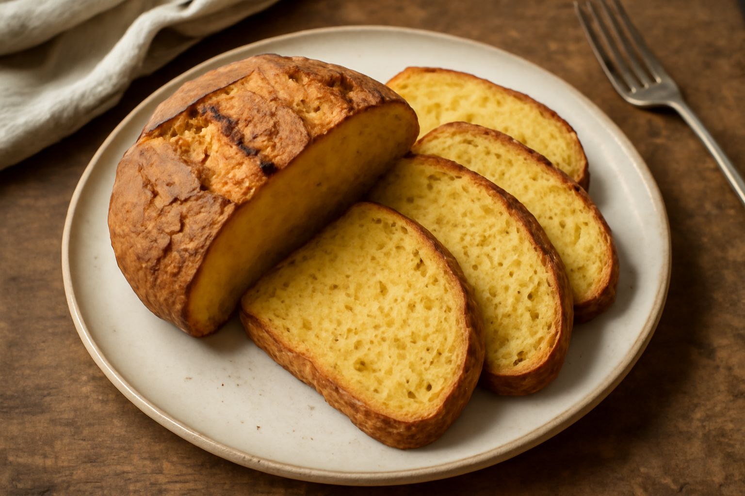 Pane durum intero e affettato su un tavolo di legno scuro, crosta dorata e rigata, mollica compatta di colore ambrato con piccoli alveoli irregolari