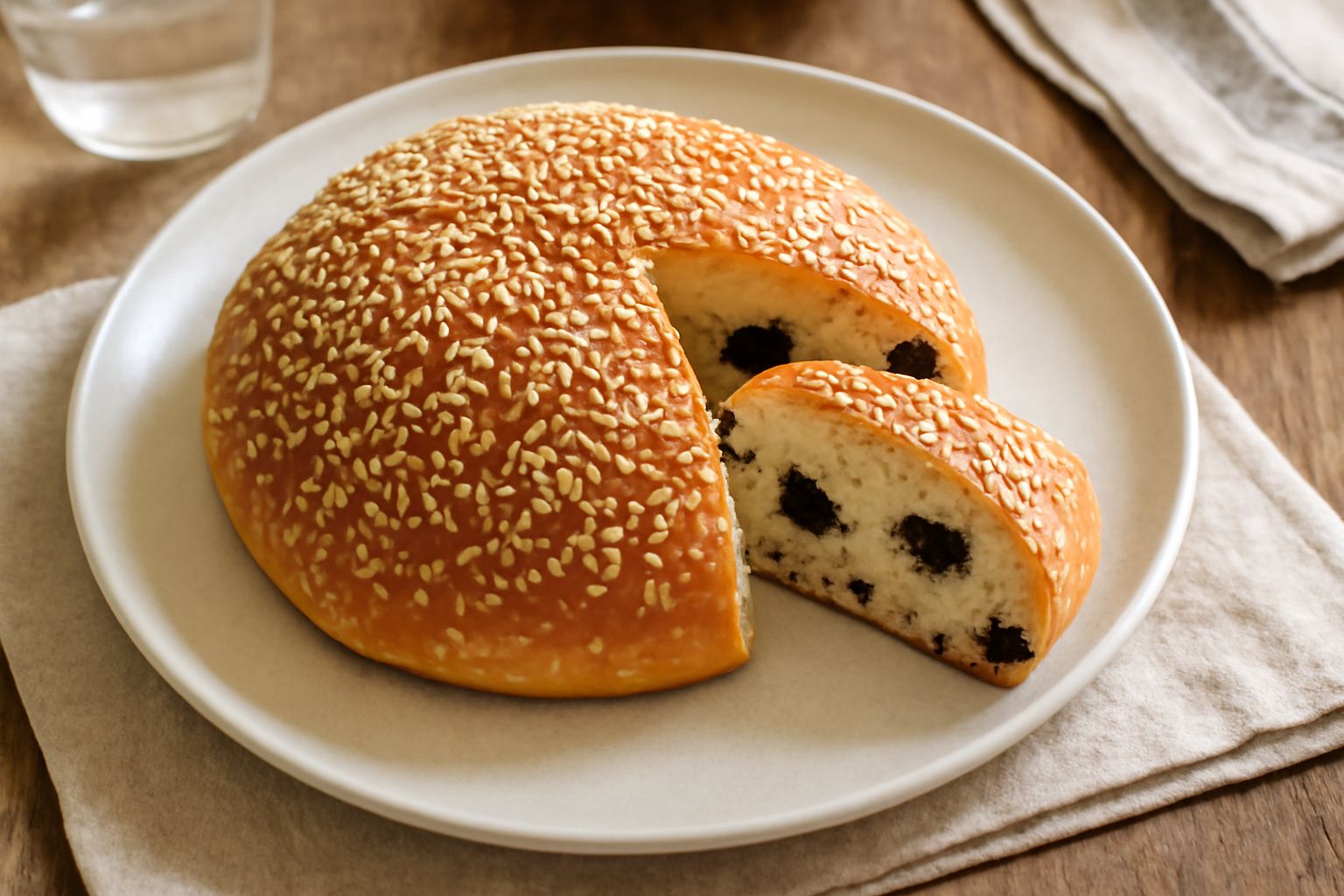 Pane dusu siciliano appena sfornato, di forma rotonda, dorato, cosparso di semi di sesamo bianco, con uvetta visibile in sezione, su tavolo di legno rustico con trama di farina.