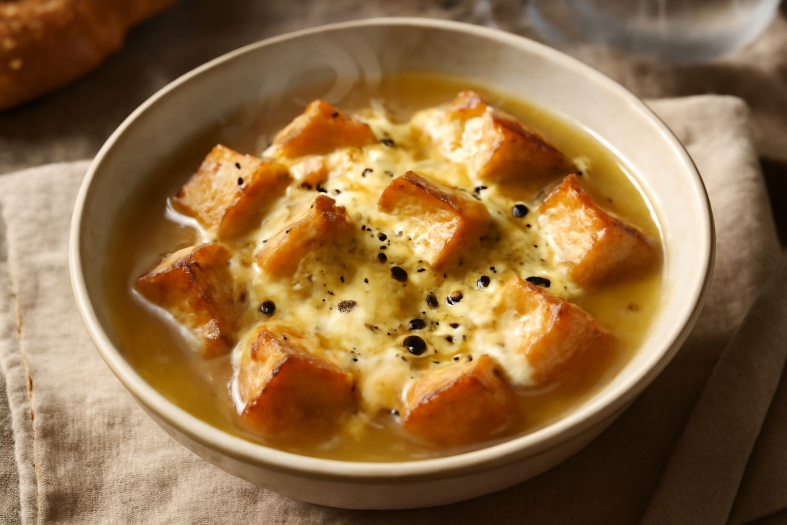 Ciotola di ceramica bianca con pane a cubetti in brodo caldo, formaggio fuso che scorre dai pezzi, pepe nero macinato al momento in superficie, cucchiaio di legno al fianco