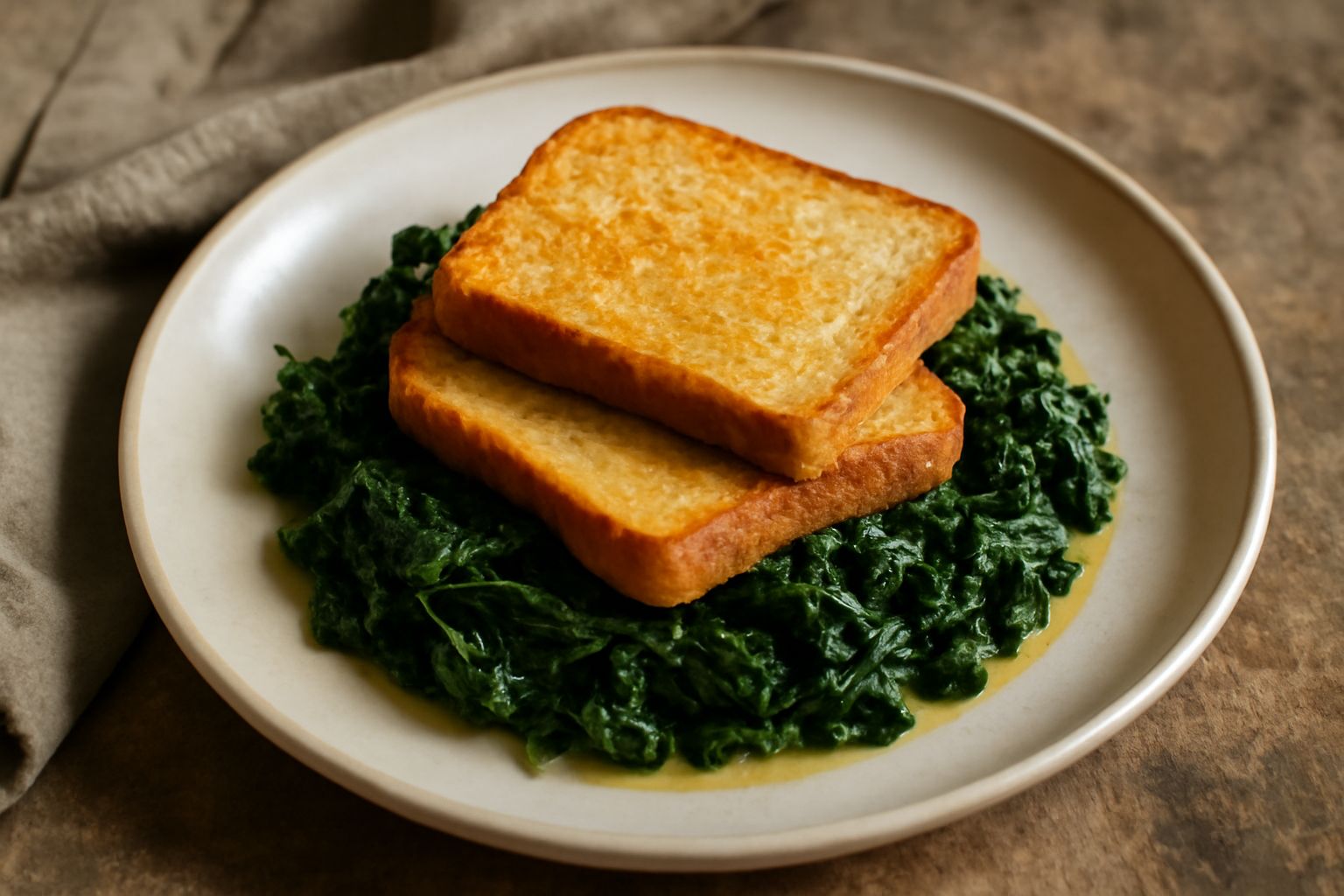 Piatto fondo con pane tostato dorato a fettine, cavolo verza cotto color verde scuro brillante, condito con olio d'oliva, in una ciotola bianca su fondo di lino naturale