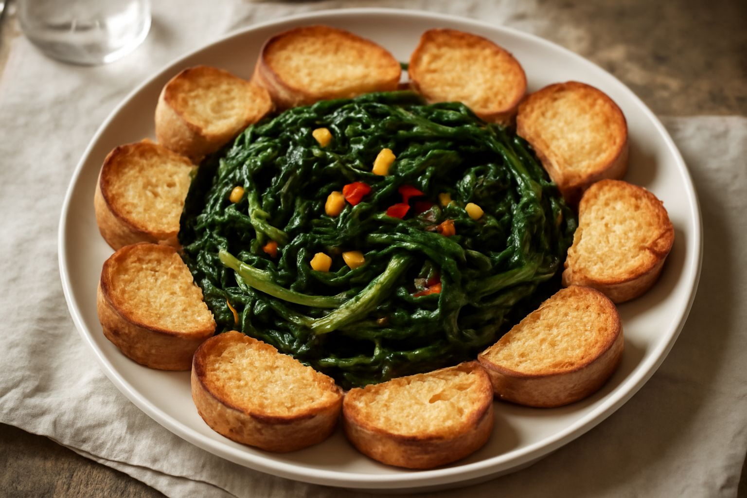 Piatto bianco con pane tostato dorato disposto attorno a cicoria verde scura ripassata in olio, con aglio e peperoncino visibili, condito con un filo d'olio extra vergine