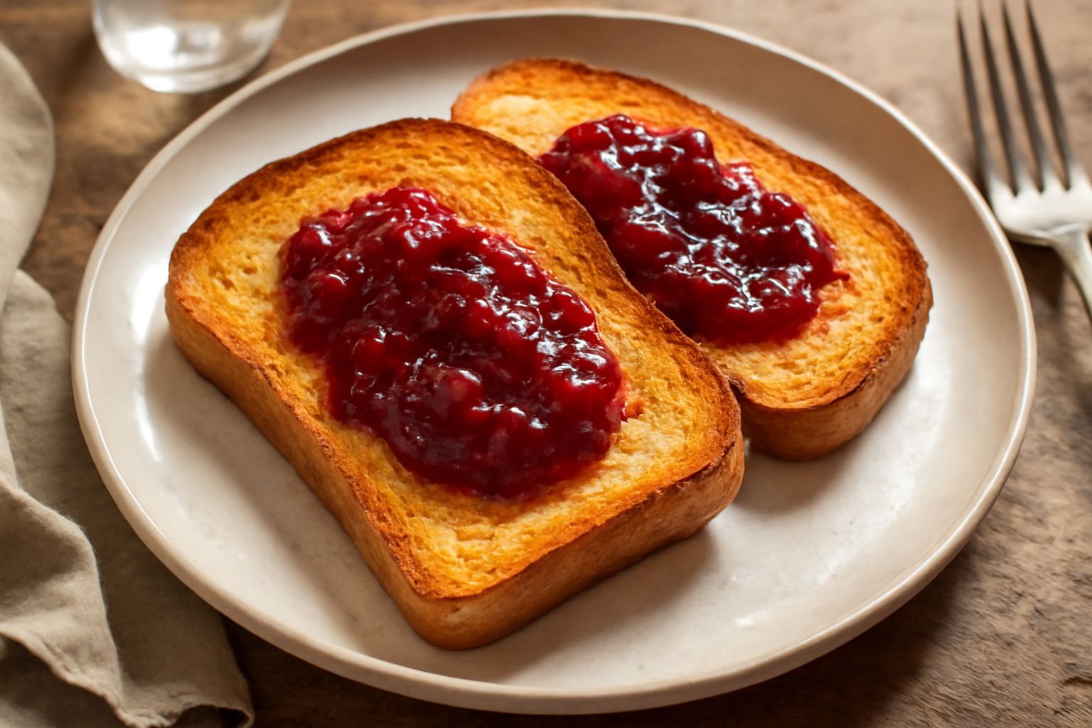 Fette di pane tostato color nocciola disposte su un piatto bianco, con due cucchiai di conserva di frutti di bosco rosso scuro applicati sopra, e un barattolo di vetro di conserva sullo sfondo con eti