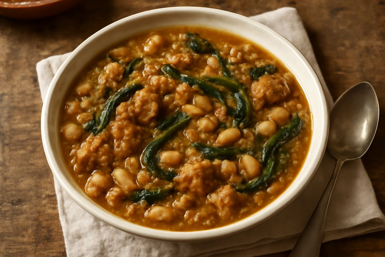 Ciotola di ceramica bianca con pane raffermo spezzettato immerso in brodo fumante, cavolo scuro visibile in superficie, filo di olio verde intorno, cucchiaio di legno appoggiato sul bordo, sfondo di t