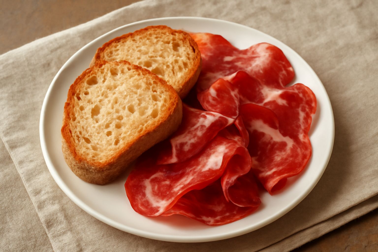 Pane toscano tondeggiante appena tagliato con crosta dorata, fette di coppa color rosso scuro arricciate su un piatto bianco, insieme a un bicchiere d'acqua e una piccola ciotola di olio