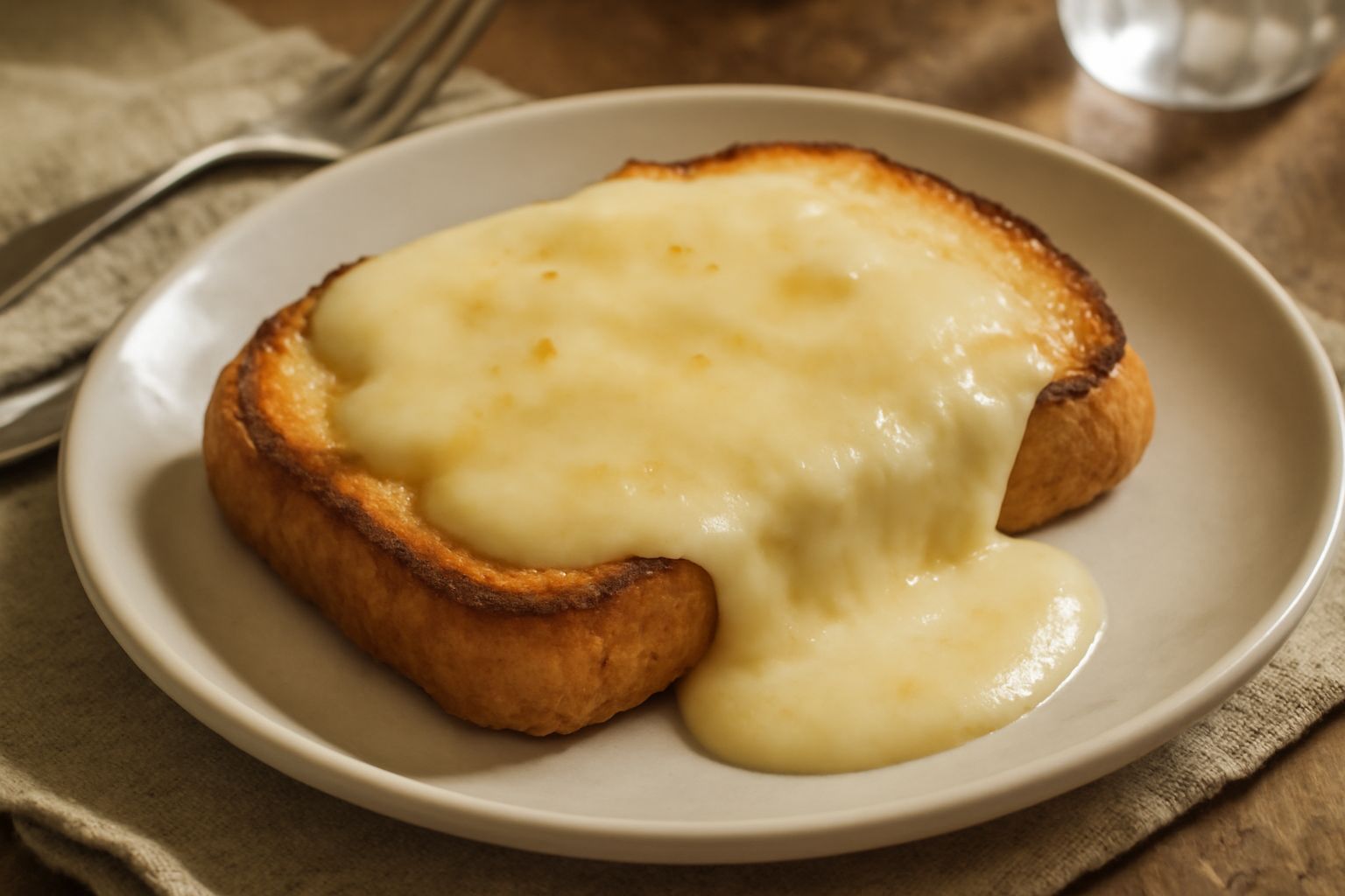 Pane tostato dorato con fette di fontina fusa che goccia dai lati, servito in un piatto bianco, con rosmarino fresco e gocce di olio d'oliva