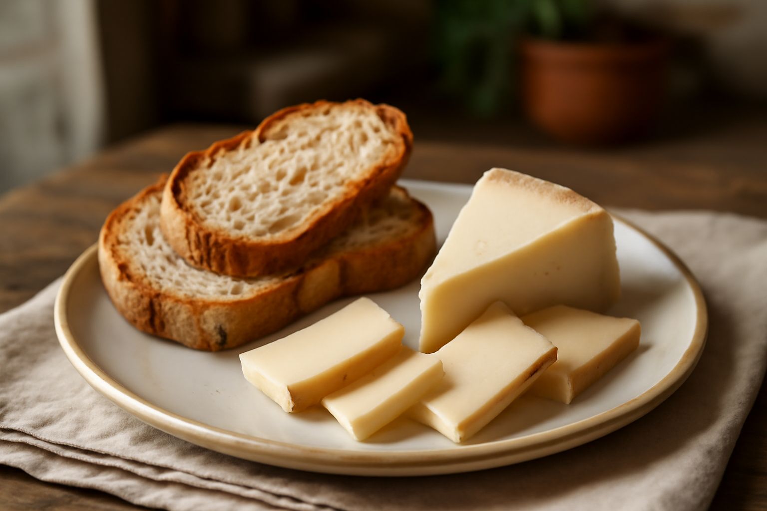 Fetta di pane integrale toastato con formaggio a fette giallo paglierino, pomodoro fresco e foglie di prezzemolo su un tagliere di legno