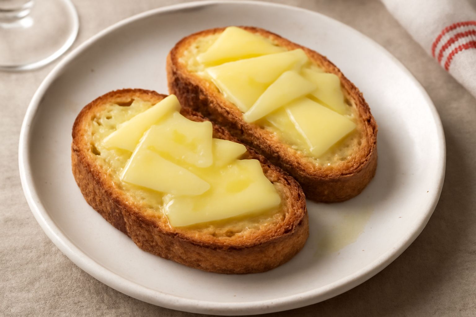 Fette di pane tostato dorato con formaggio cacio giallo cremoso sciolto in superficie, su un piatto di ceramica bianca con filo di olio extravergine