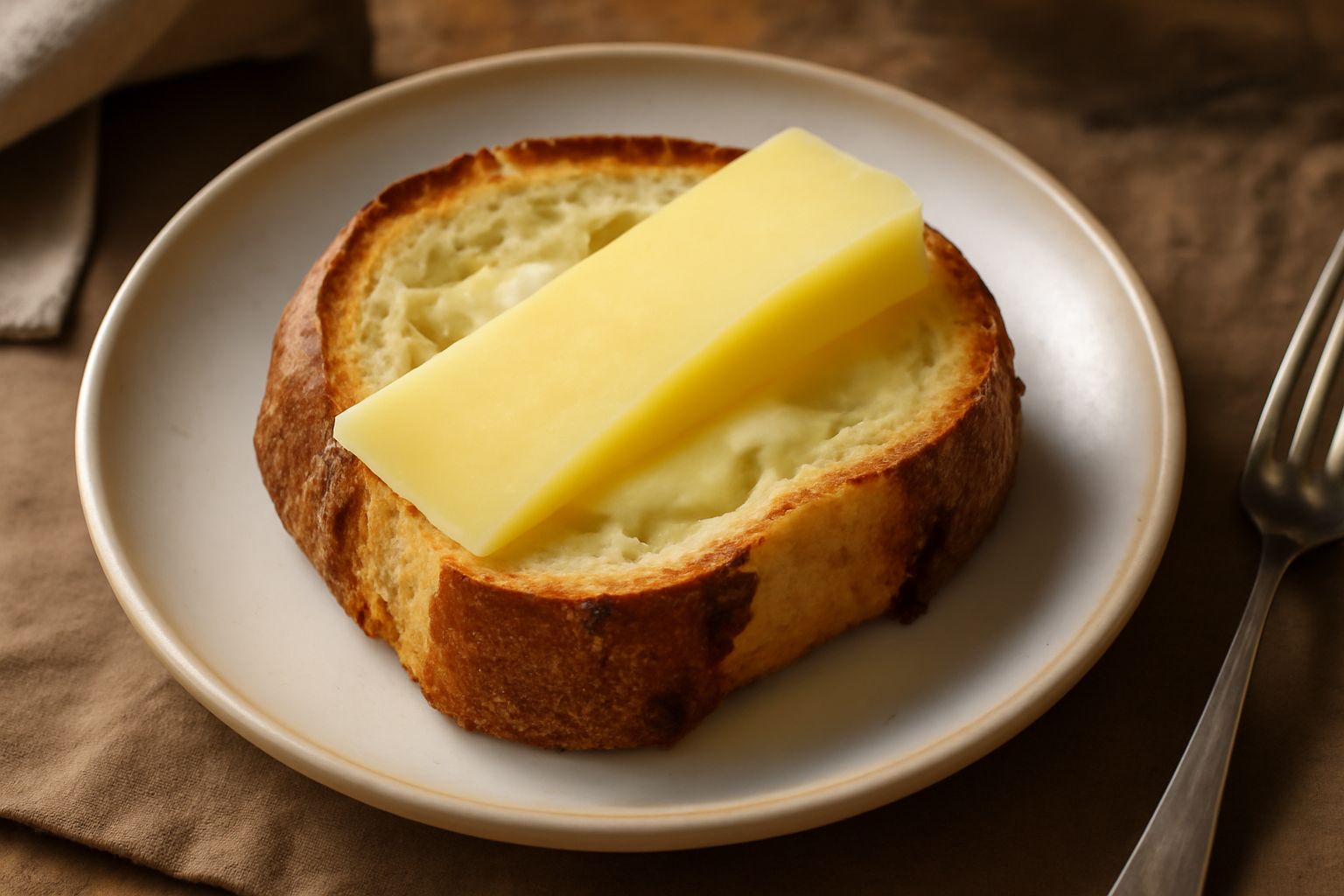 Fetta di pane tostato dorato con formaggio di malga giallognolo semisciolto al centro, servito in un piatto di ceramica rustica, con briciole di pane intorno