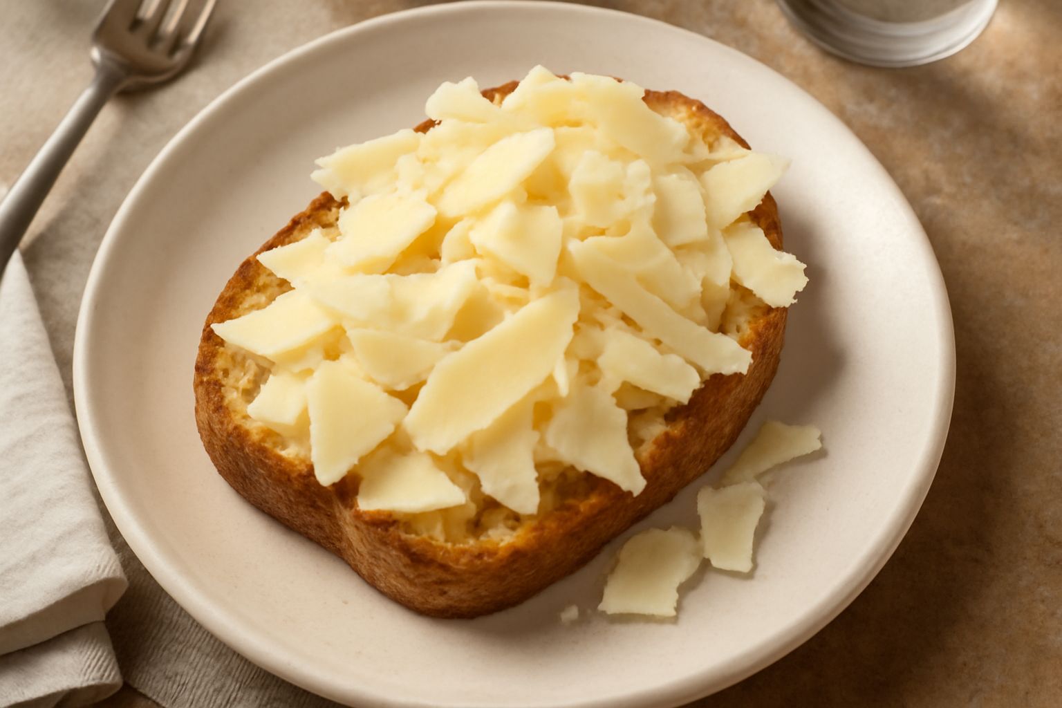 Fetta di pane casereccio tostato color oro con scaglie di formaggio friulano color crema, poste sopra in modo naturale, su un piattino bianco con sfondo sfumato beige