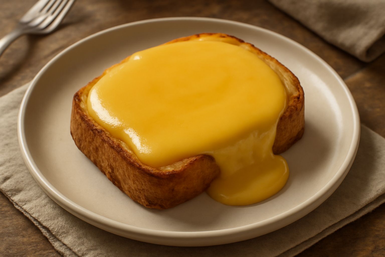 Fetta di pane tostato dorato-croccante coperta di formaggio giallo cremoso e filante, con gocce di burro fuso, servita su piatto bianco con contorno di insalata verde