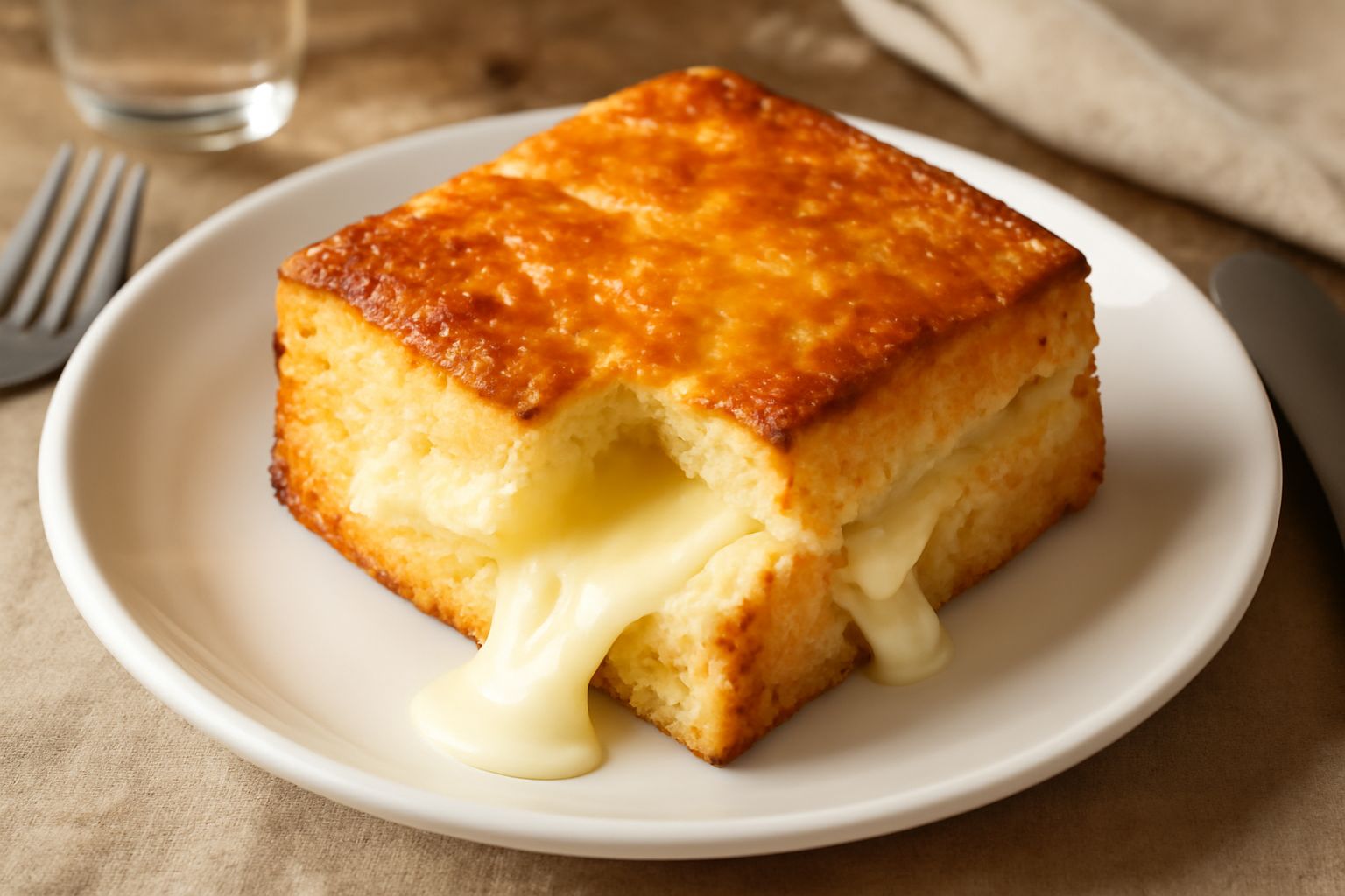 Pane quadrato dorato in crosta con formaggio filante che esce dai bordi, servito su piatto bianco, vapore ancora visibile in superficie