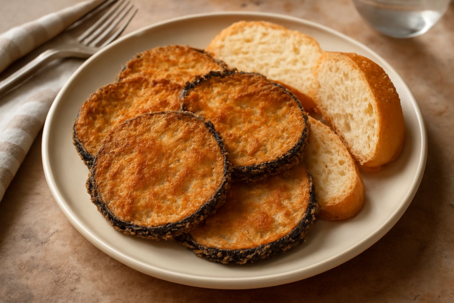 Melanzane fritte impanate di pane grattugiato dorato, disposte su carta assorbente, con spruzzi di olio che brillano sotto la luce, contorno di pomodori rossi sfocati
