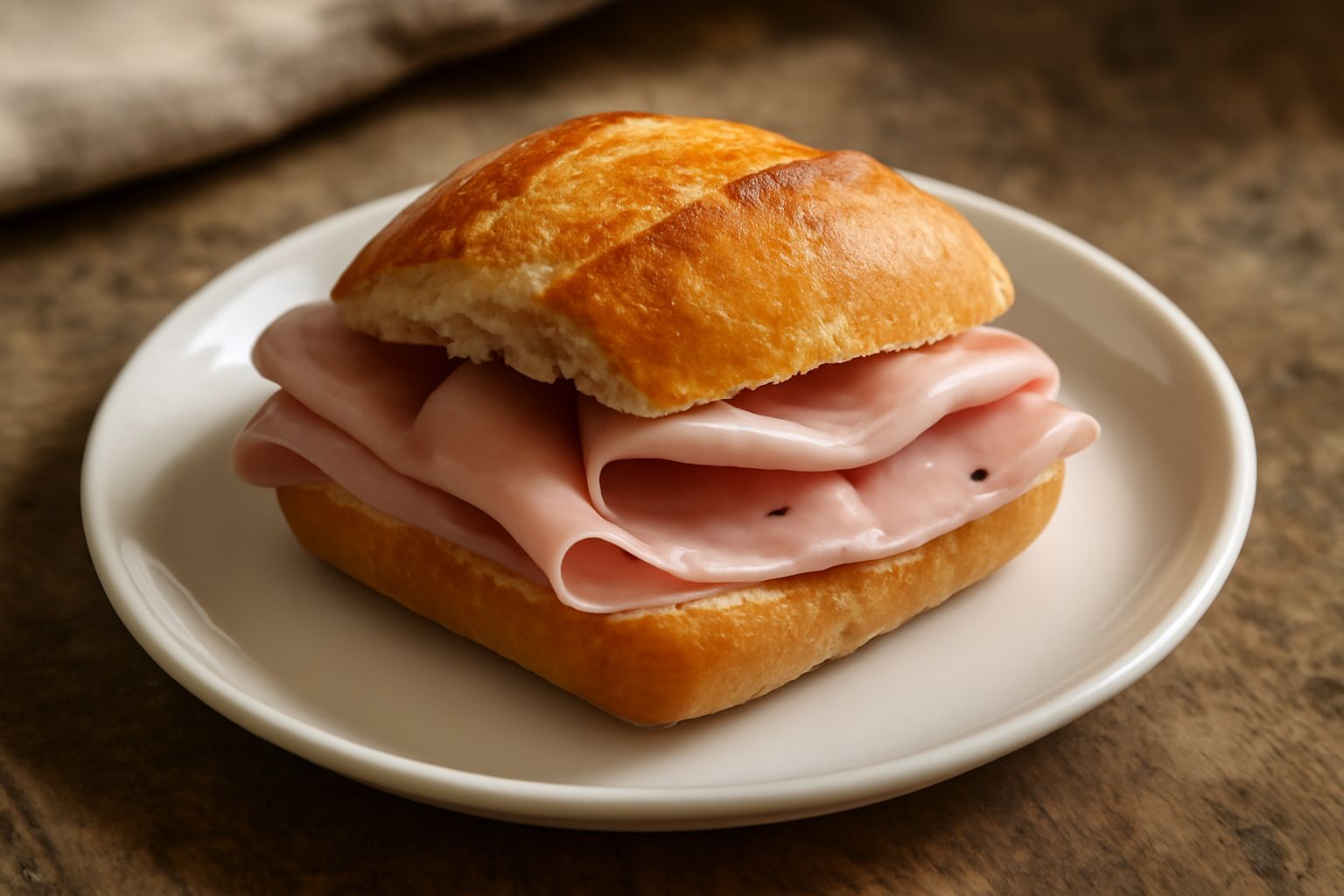 Panino aperto su tagliere in legno con fette sottili di mortadella rosa pallido su pane toscano croccante, spruzzato di sale marino grosso, accanto un coltello in acciaio