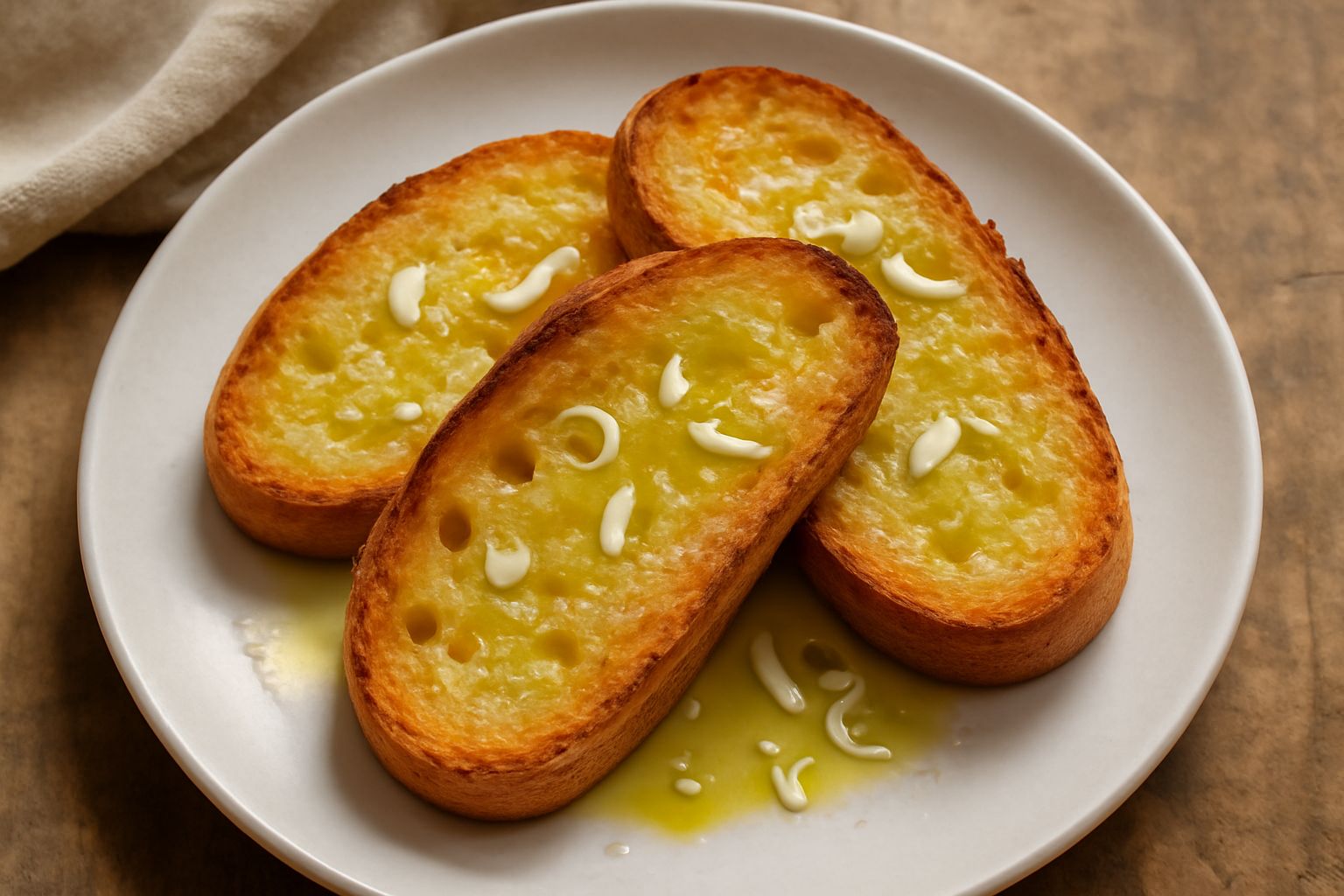 Fette di pane tostato dorato disposte nel piatto con strisce lucide di olio extravergine, granelli di sale grosso visibili sulla superficie, una fetta di aglio fresco accanto