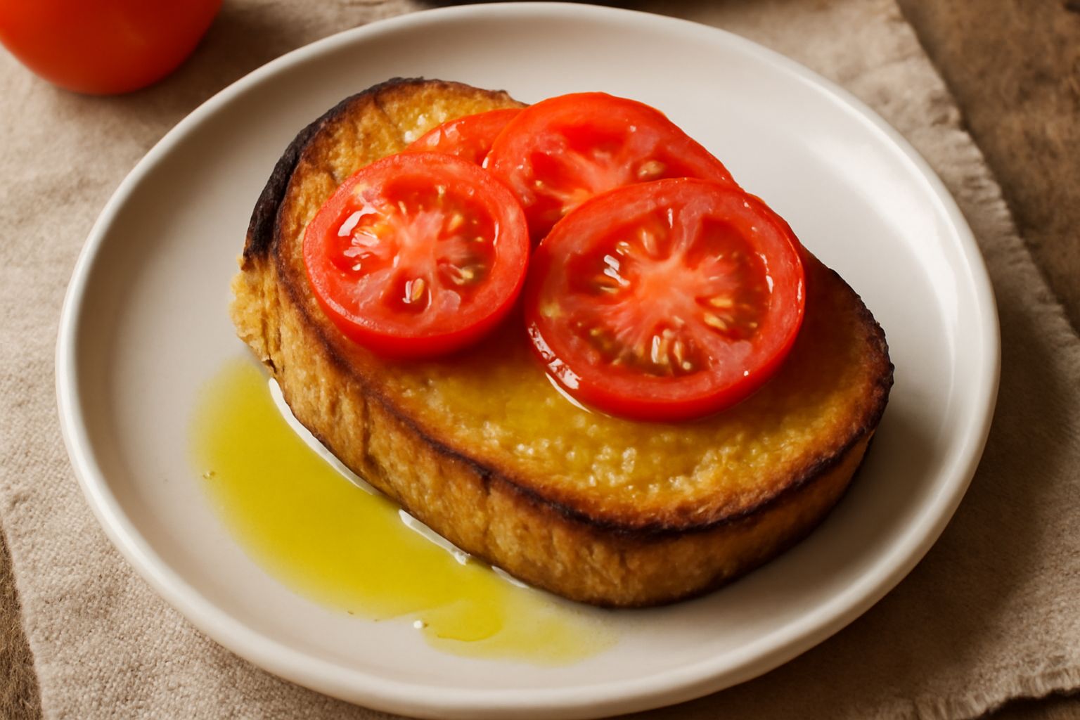Fette di pane tostato con superficie dorata e croccante, condite con olio d'oliva lucido e pomodori rossi affettati, aglio grattugiato, sale e origano, su un piatto bianco