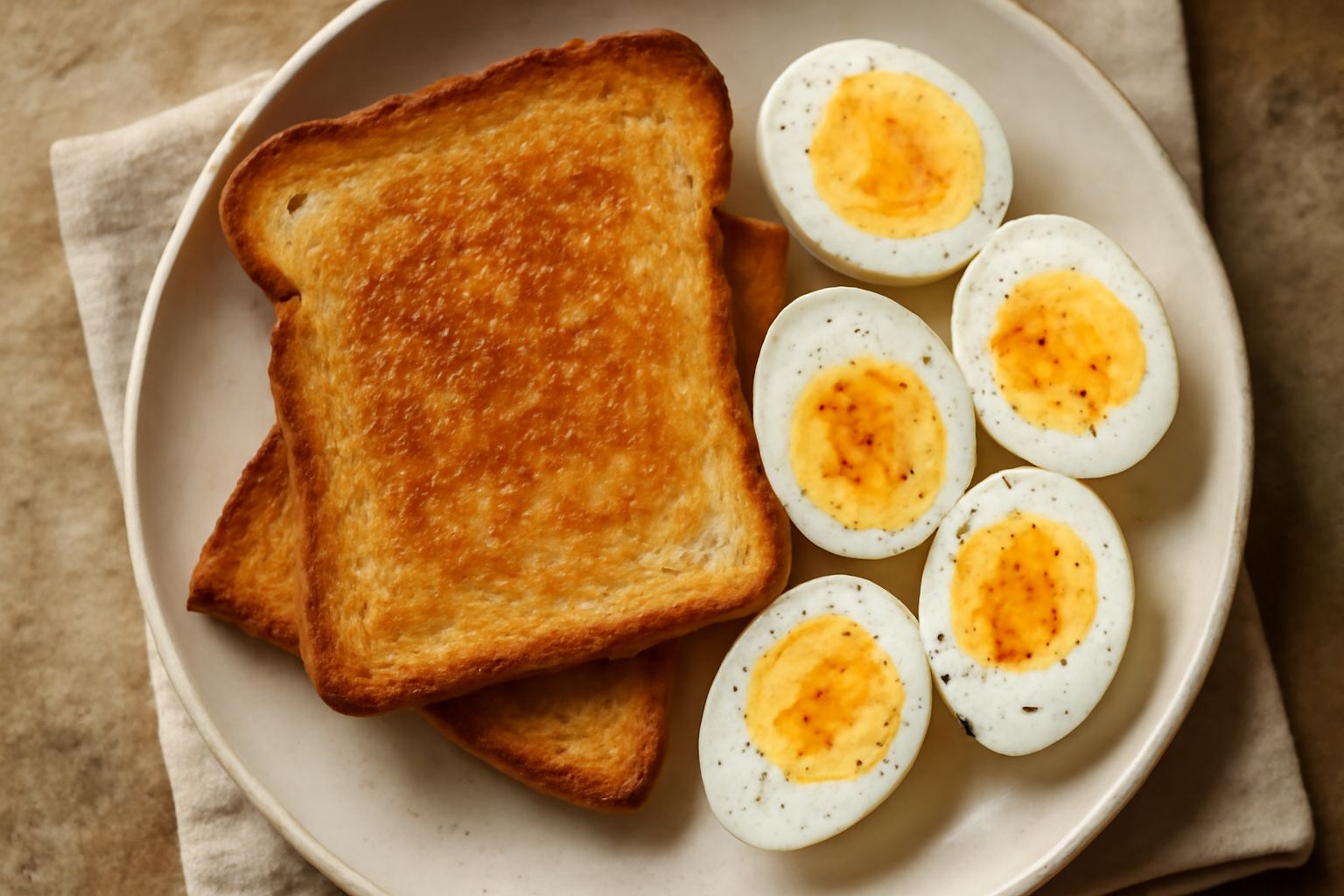 Piatto con due fette di pane tostato dorato e croccante, due uova sode sbucciate con il tuorlo giallo acceso, sale e pepe sparsi in superficie, su un piatto bianco con contorno di prezzemolo fresco