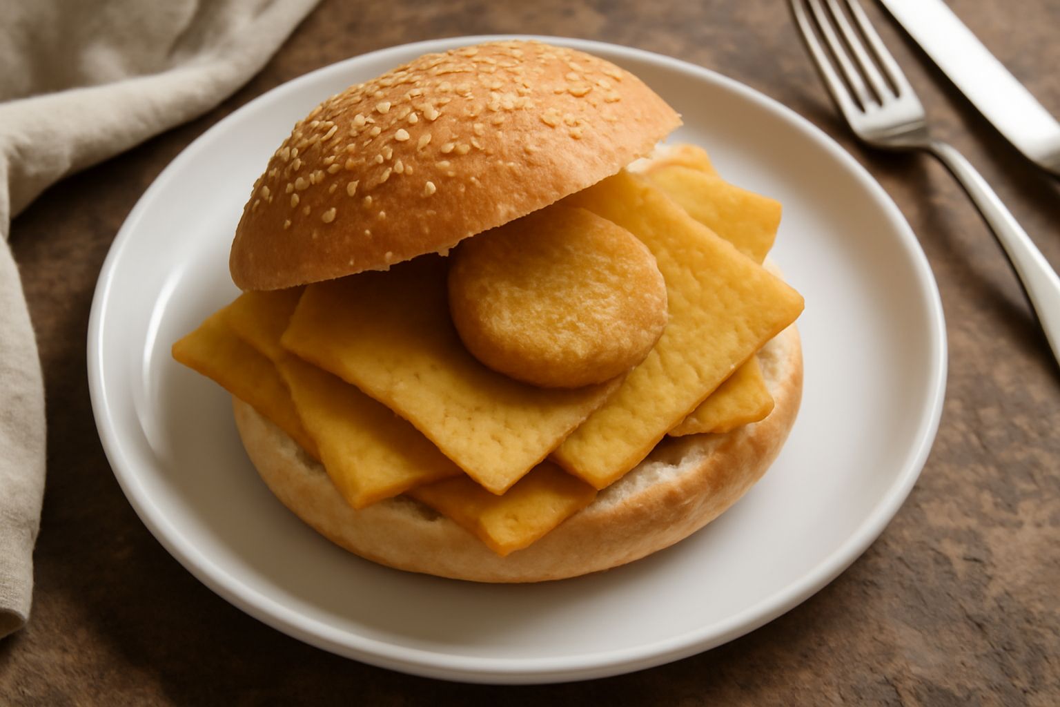 Un panino di pane bianco aperto con dentro tre panelle dorate e croccanti, guarnite con una striscia di salsa rossa, su un piatto bianco con sfondo sfocato di una cucina