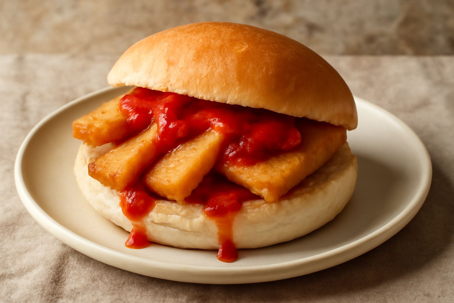 Panelle dorate e croccanti dentro due fette di pane bianco aperto, condite con salsa di pomodoro rossa, guarnite con prezzemolo fresco, su un piatto bianco