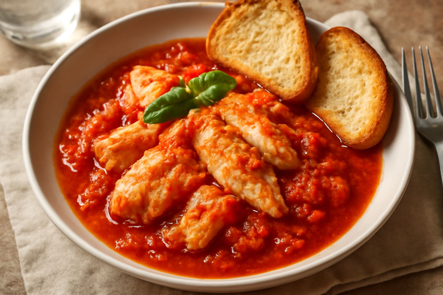 Filetto di pesce spada rosato in umido con pomodoro su piatto bianco, accompagnato da fette di pane tostato dorate ai bordi, guarnito con prezzemolo fresco