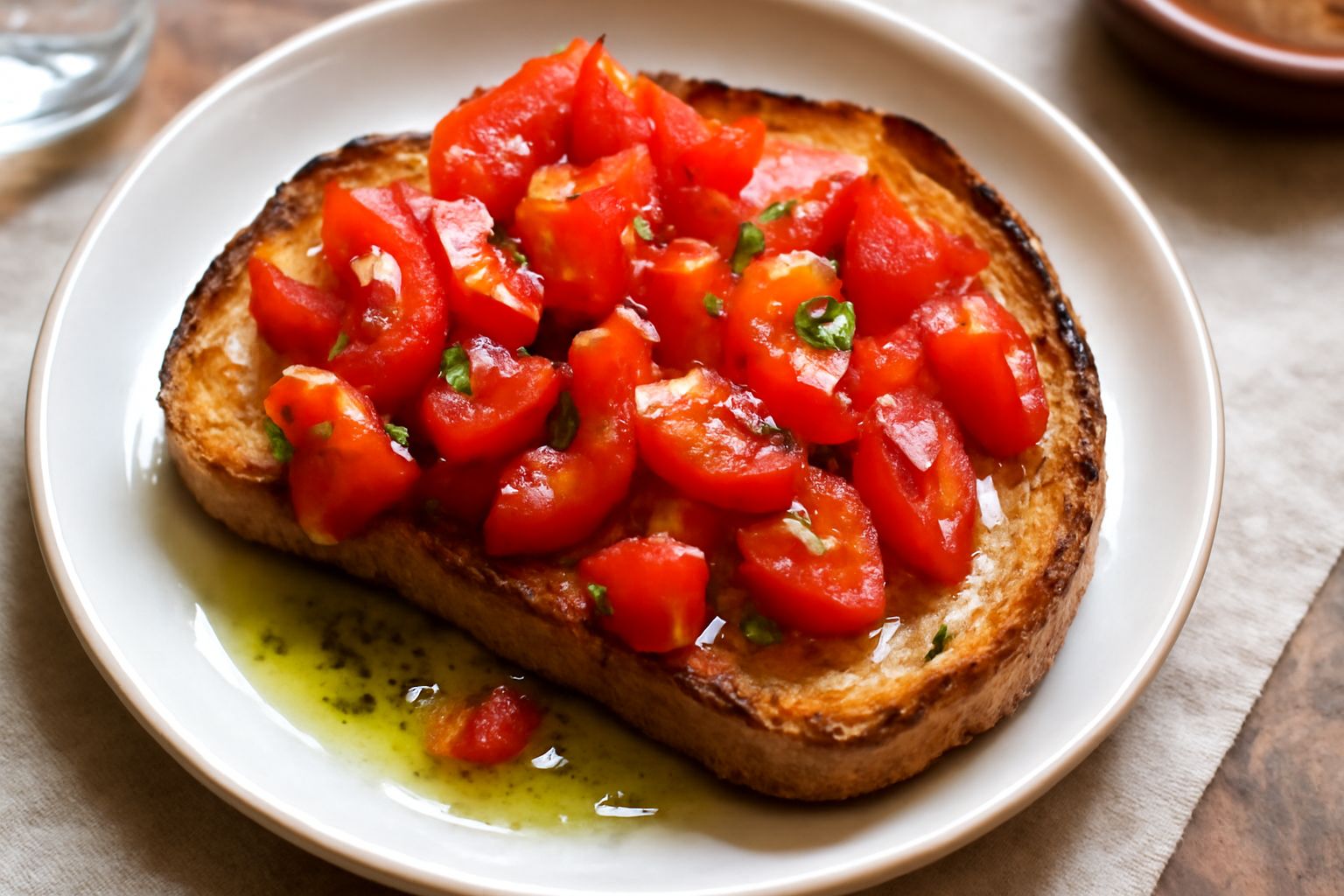 Fette di pane tostato imburrate poggiate su un piatto bianco, coperte di pomodori rossi tagliati a dadini e foglie di basilico fresco, condite con olio d'oliva
