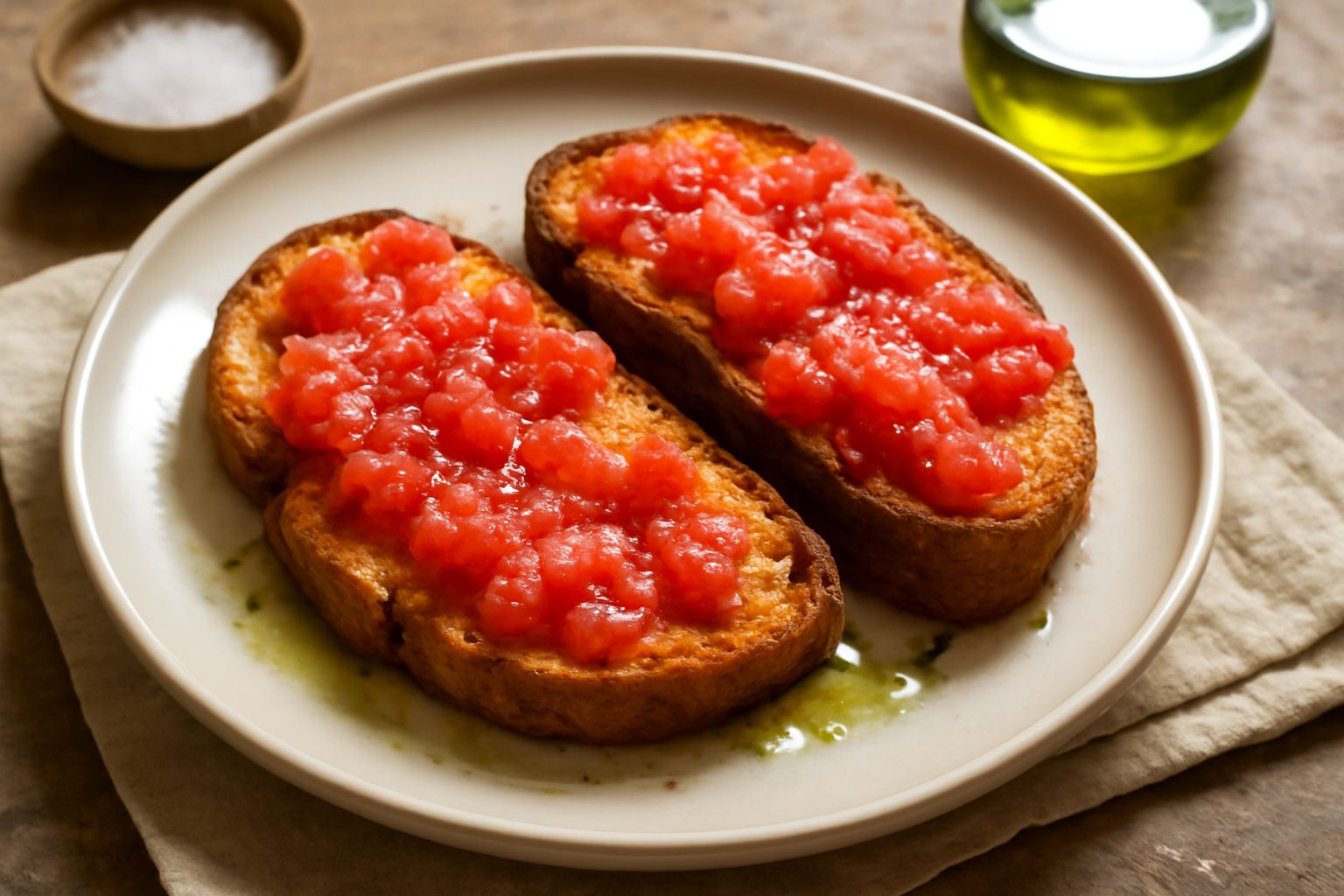 Fette di pane tostato color bruno dorato coperte con polpa di pomodoro rosso brillante, briciole di sale marino sparso, e un filo di olio verde oliva scuro in ciotola bianca