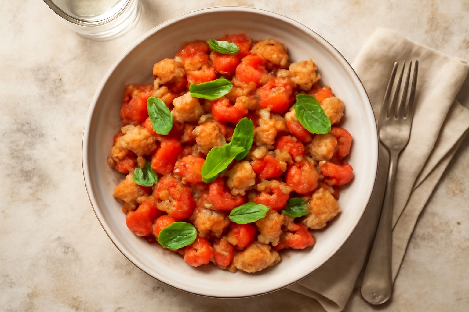 Piatto di pane e pomodoro con fette di pane raffermo bagnato, pomodori rossi freschi tagliati, aglio e olio verde, su tavolo di legno chiaro con luce naturale