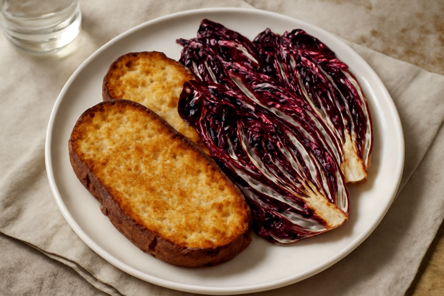 Fette di pane tostato marrone chiaro disposte accanto a strisce di radicchio rosso scuro grigliato, condite con olio verde e un pizzico di sale, su un piatto bianco