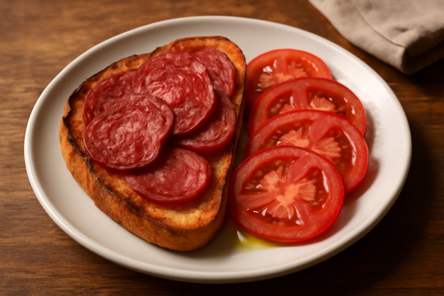 Un piatto bianco con due fette di pane tostato dal colore dorato, coperte da fette sottili di salam rosso scuro leggermente arricciate, accompagnate da pomodoro fresco affettato e foglie di basilico v