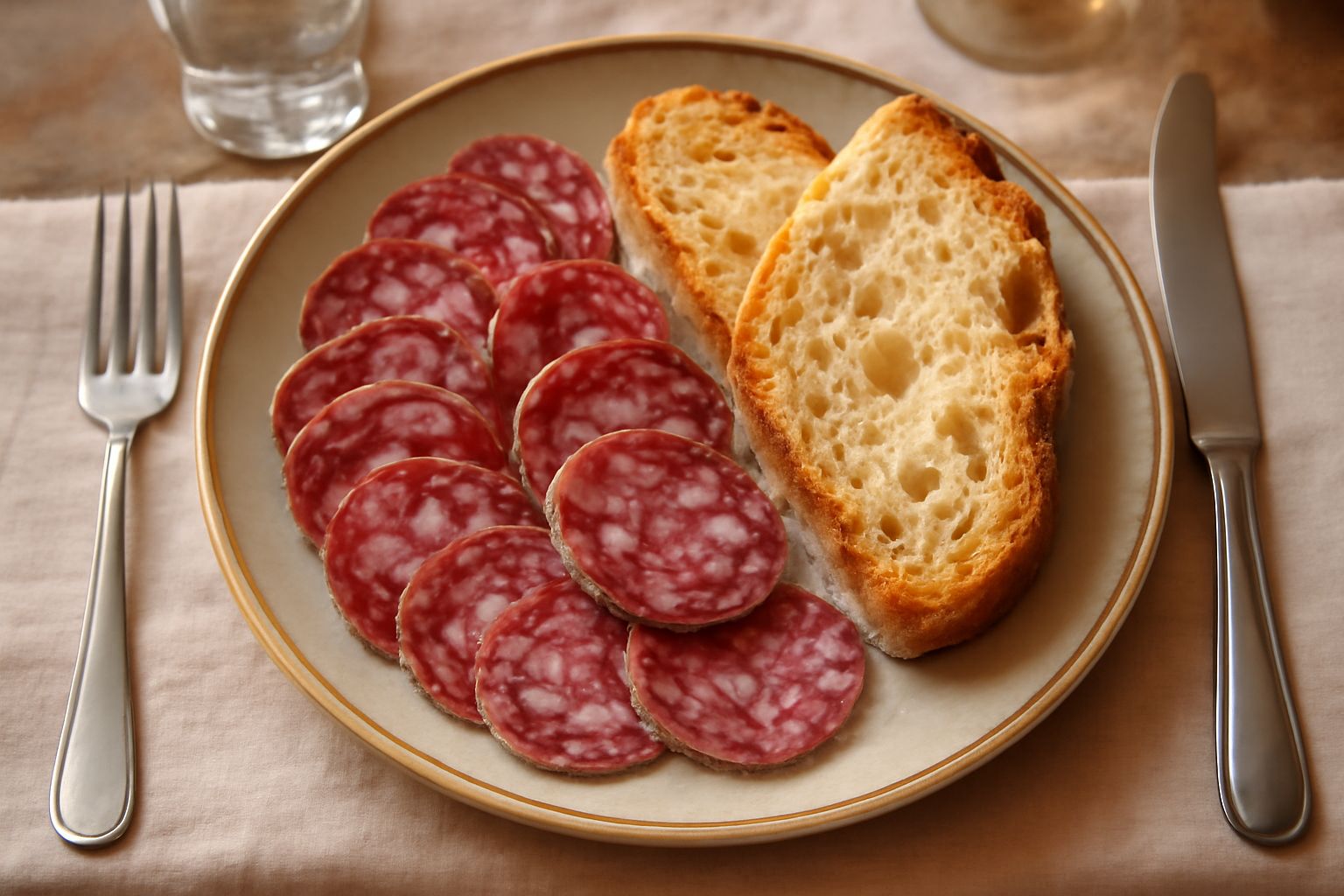 Fette di pane tostato color nocciola accanto a salame rosso scuro tagliato finemente, disposto a ventaglio su un piatto bianco, con una tazza di caffè sfocata sullo sfondo