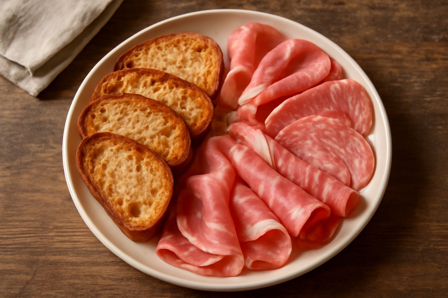 Fette di pane tostato color bruno dorato affiancate da fette sottili di salume rosato, poste su un tagliere di legno chiaro, con cucchiaio di burro in una ciotola bianca accanto