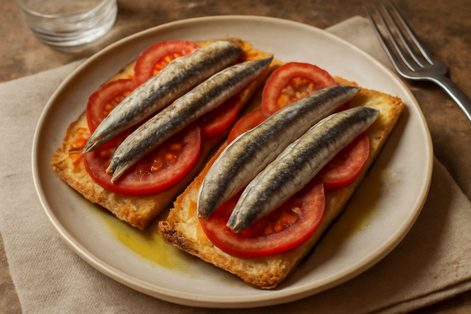 Fette di pane tostato croccante coperte da sardine salate grigio-argento, pomodoro rosso fresco e olio verde scuro, impiattato su un piatto bianco con contorno di insalata verde