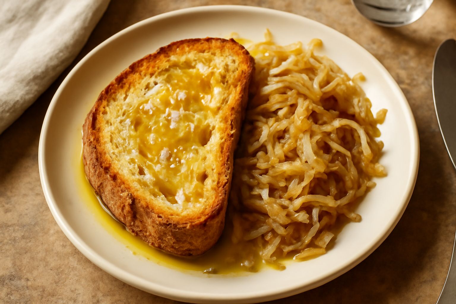 Fette di pane casereccio tostato, ricoperte di olio d'oliva verde-giallo e sale marino grosso, disposte su un piatto di ceramica bianca, con una ciotola di olio sfocato sullo sfondo