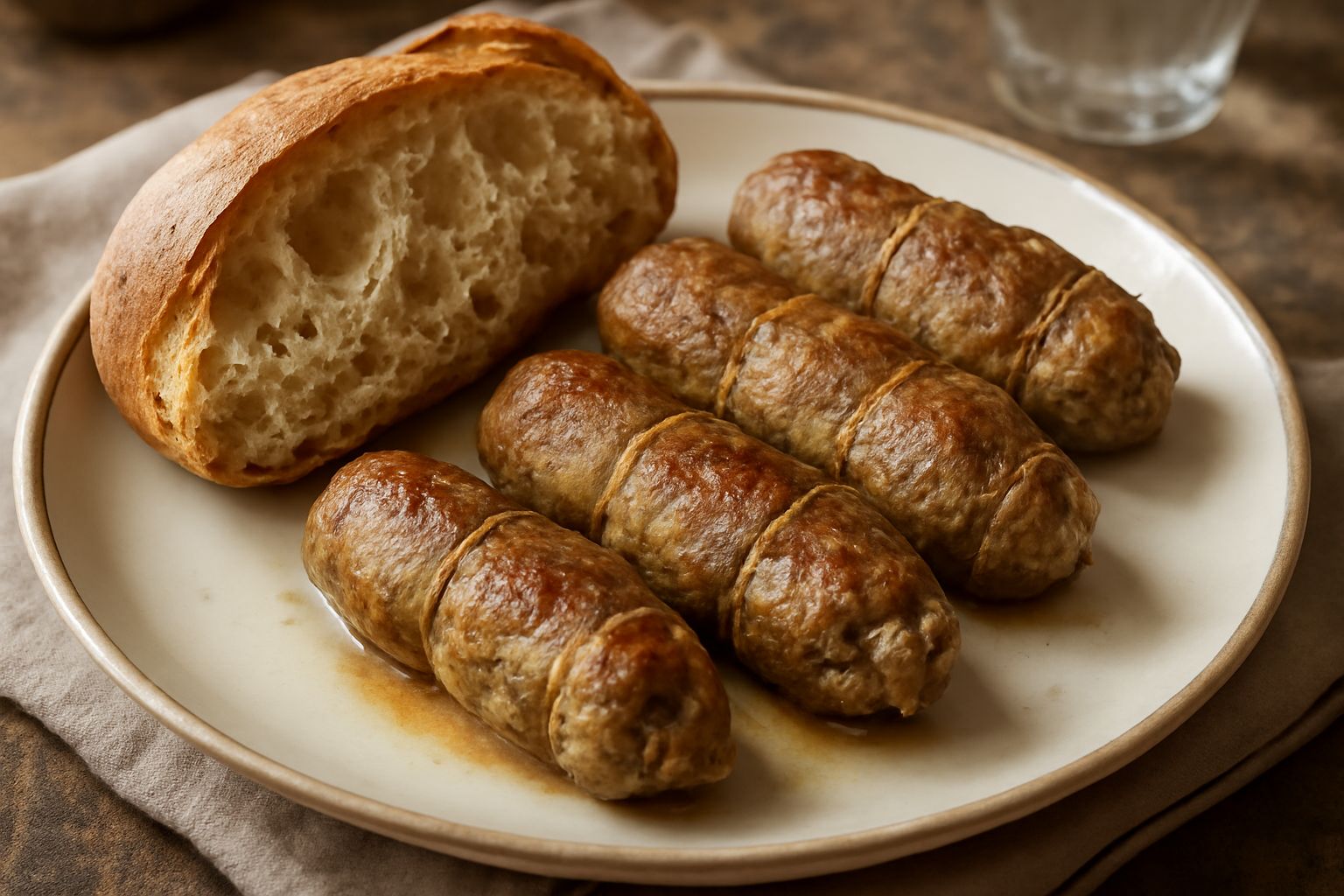 Fette di pane appena sfornato di colore dorato su un tavolo di legno, accanto a due tomaxelle ripiene di carne macinata e prezzemolo, servite su un piatto bianco