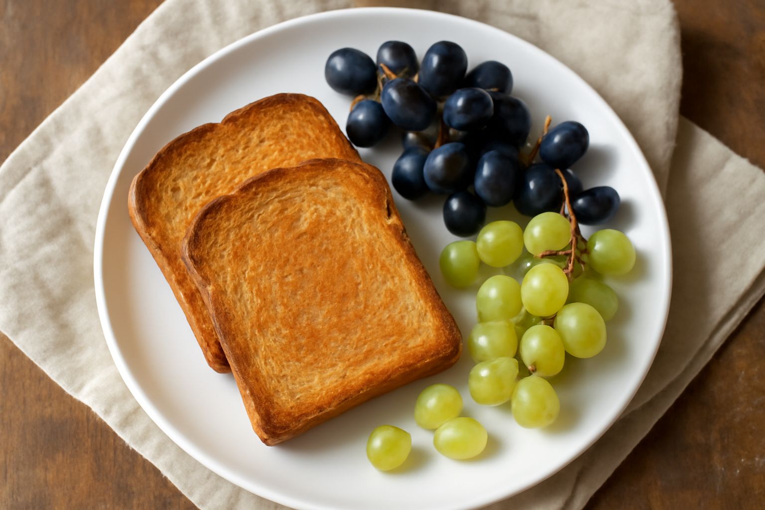Pane tostato di colore dorato-marrone su un piatto bianco, accompagnato da grappoli di uva nera e verde, con qualche chicco sparse accanto, superficie ruvida del pane ben visibile