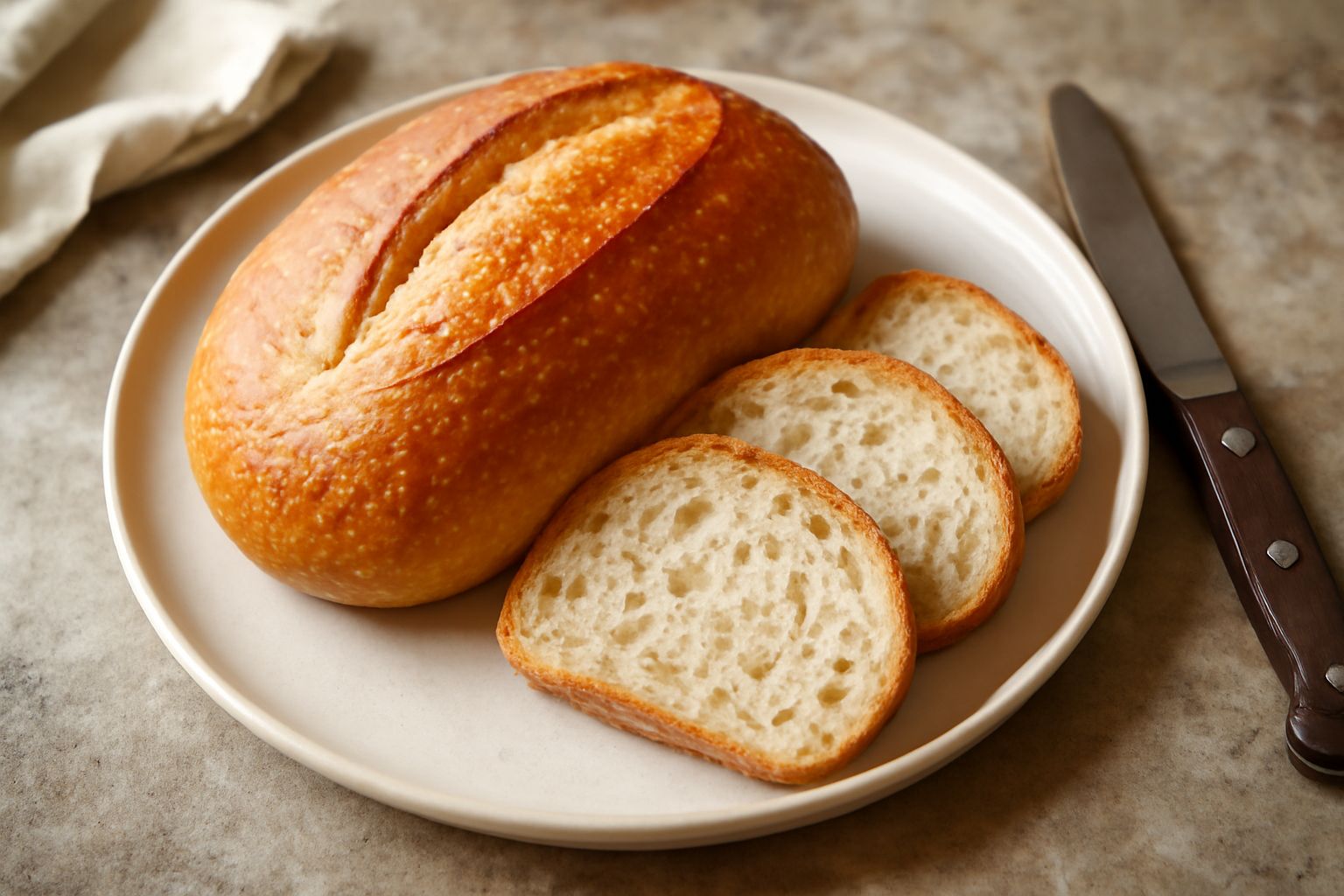 Pane fatto in casa appena sfornato, dorato e croccante, tagliato in fette su un tagliere di legno, con miga chiara e alveoli regolari visibili