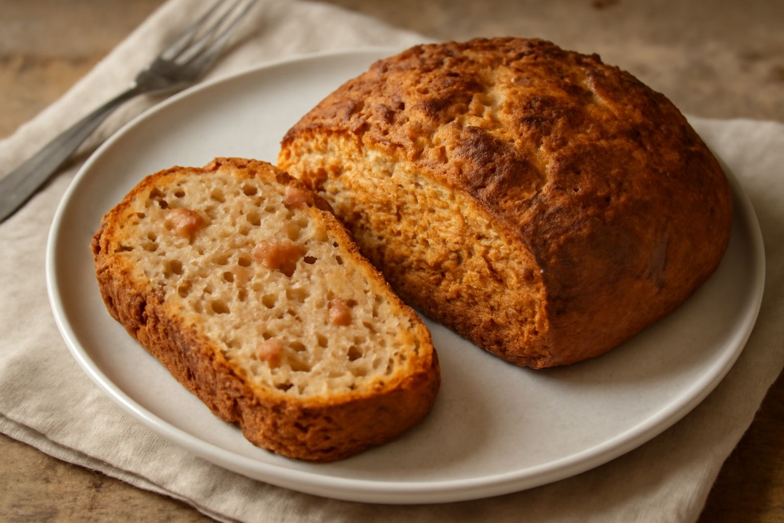 Pane scuro con ciccioli di maiale affumicati, tagliato a fette, mostra la mollica irregolare con inclusi bianchi e rosa dei ciccioli, appoggiato su tavolo di legno con farina sparsa