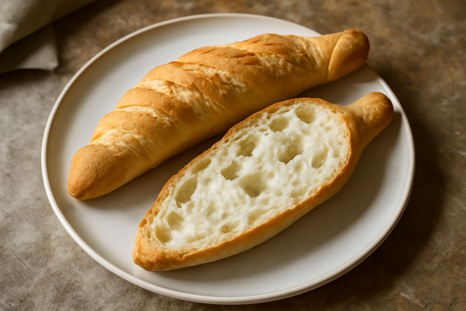 Pane ferrarese intero di forma ovale allungata con crosta dorata e rughe caratteristiche, affettato per mostrare la mollica bianchissima e alveolata, posato su un tessuto di lino beige