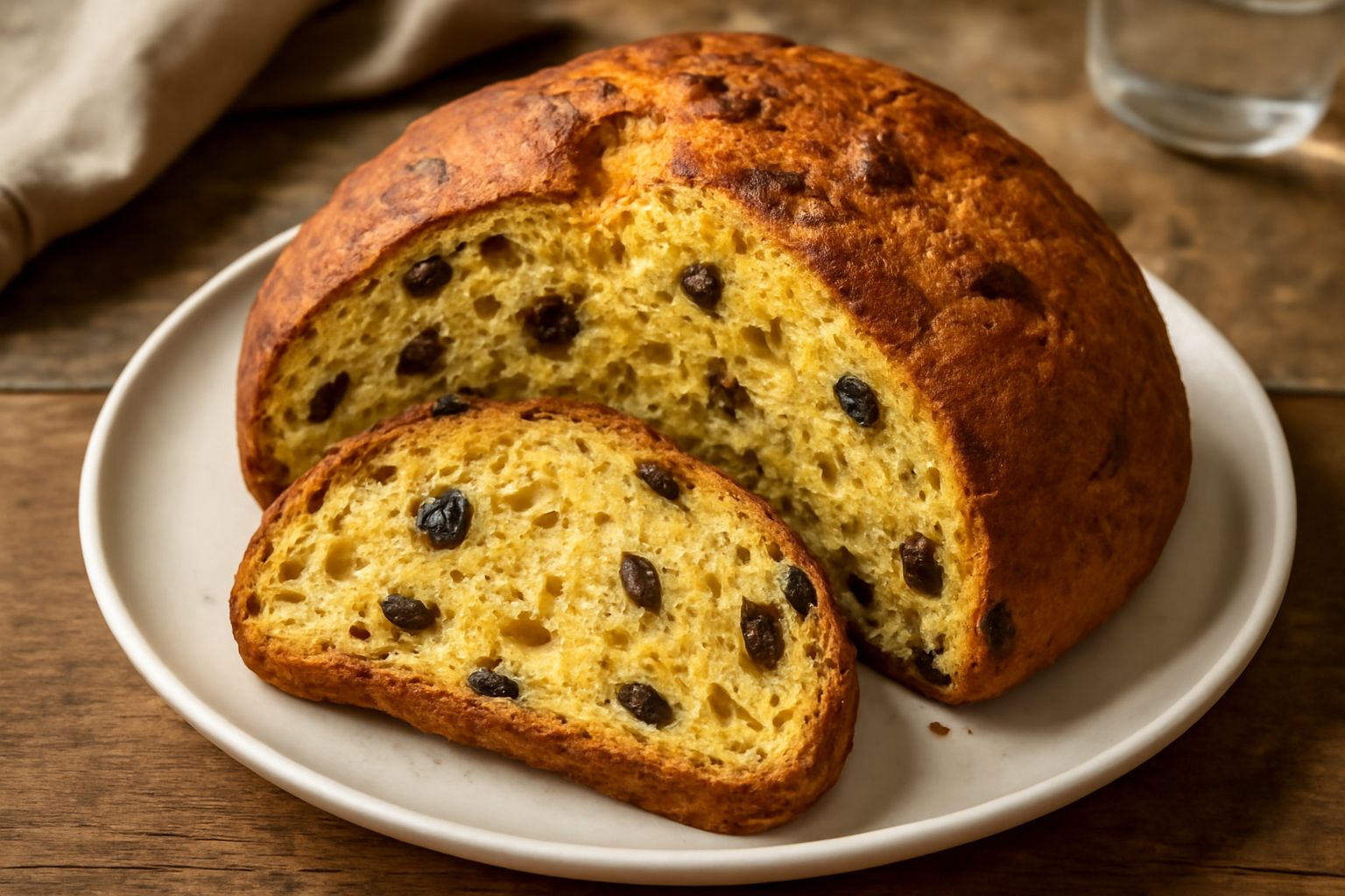 Pane festivo amalfitano intero e affettato su tavola di legno, con crosta marrone dorato, mollica giallognola soffice, uvetta e pinoli visibili in superficie e nei tagli