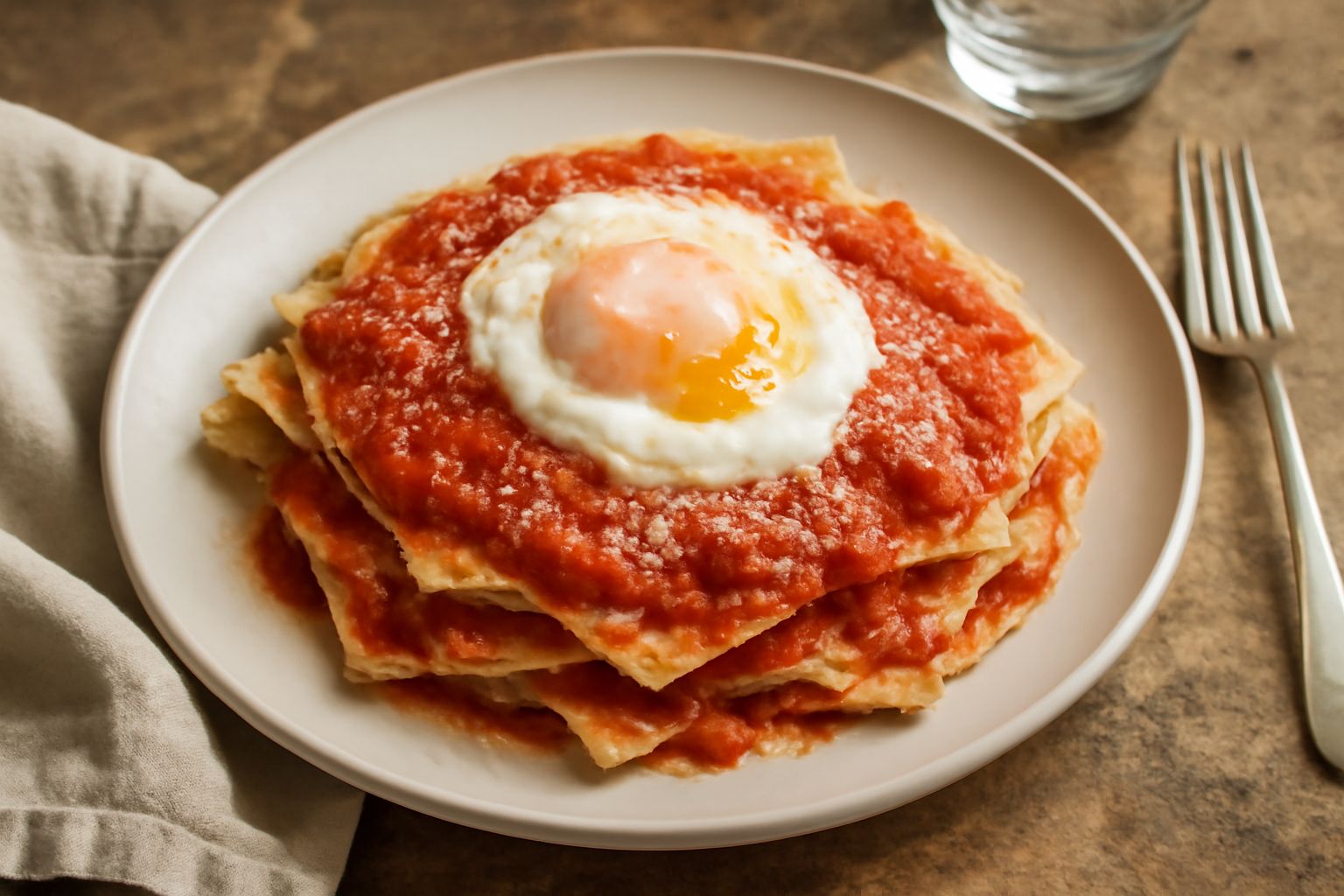 Pane frattau servito in piatto bianco, strati di pane carasau dorato inumidito, salsa di pomodoro rosso vivo, scaglie di formaggio bianco e giallo, uovo con tuorlo crudo visibile, contorno con brodo c