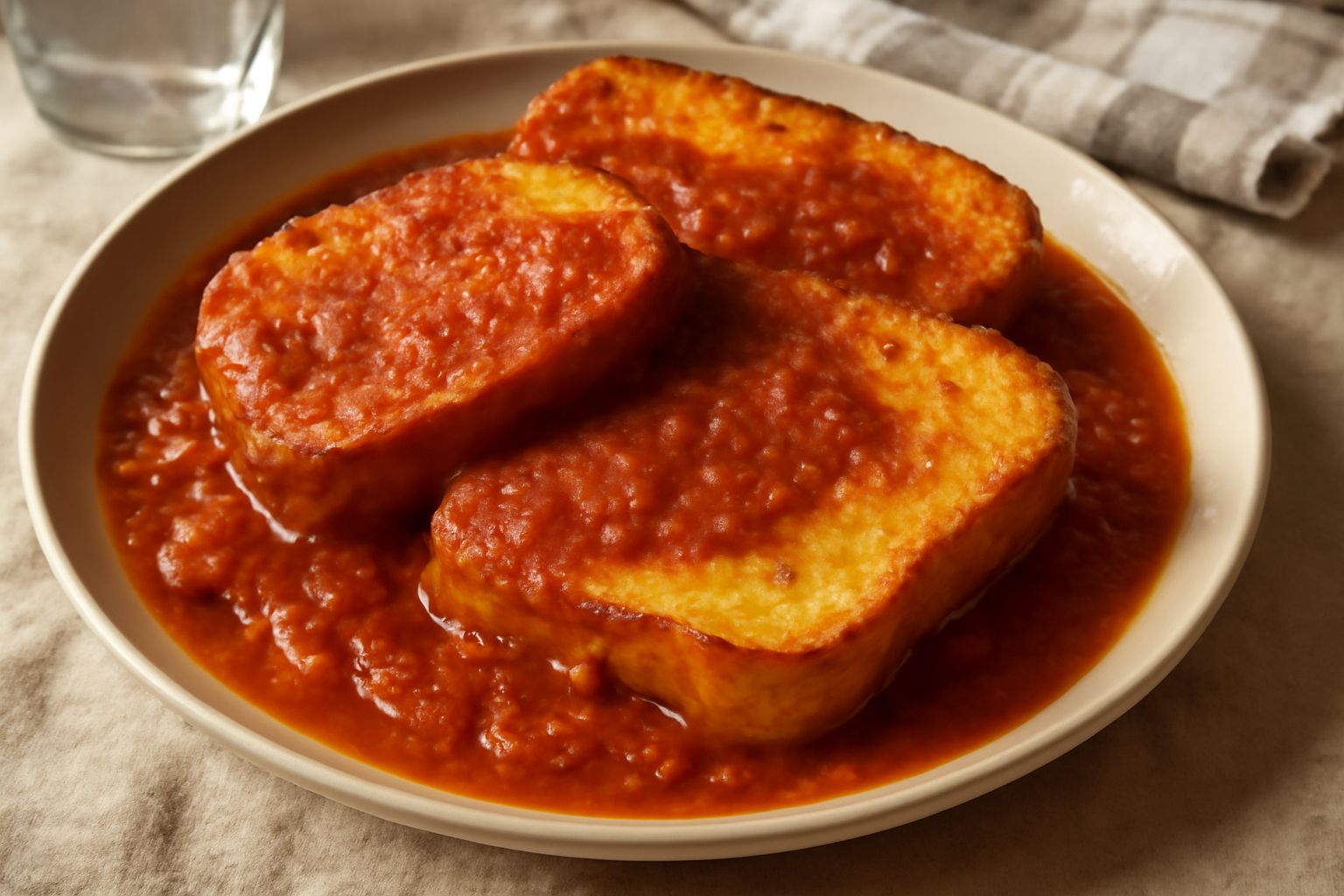 Fette di pane dorate e croccanti disposte in un piatto bianco, ricoperte di sugo di pomodoro rosso scuro, guarnite con basilico fresco e un filo di olio extravergine