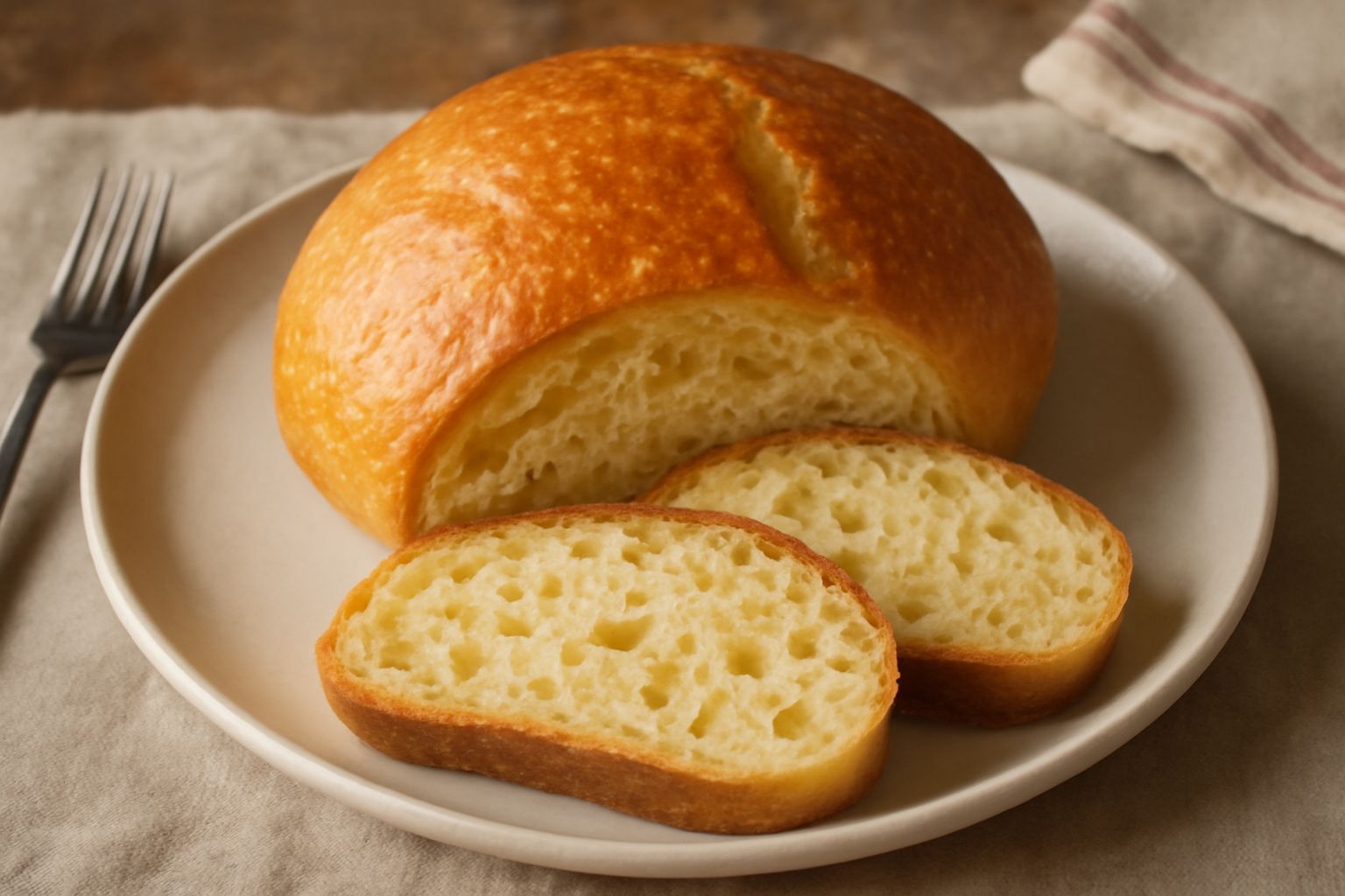 Pane friulano a fette con crosta dorata e screpolature naturali, su una tavola di legno con un po' di farina bianca, mollica giallo crema visibile nel taglio