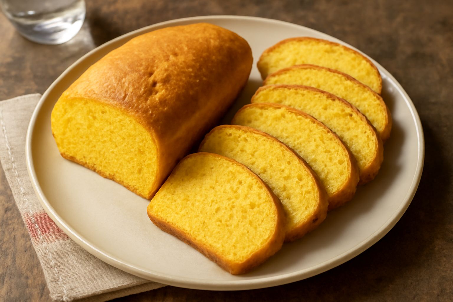 Pane giallo di mais tagliato a fette su una tavola di legno, miga soffice e giallo tenue, crosta dorata, pezzetti di mais visibili sulla superficie