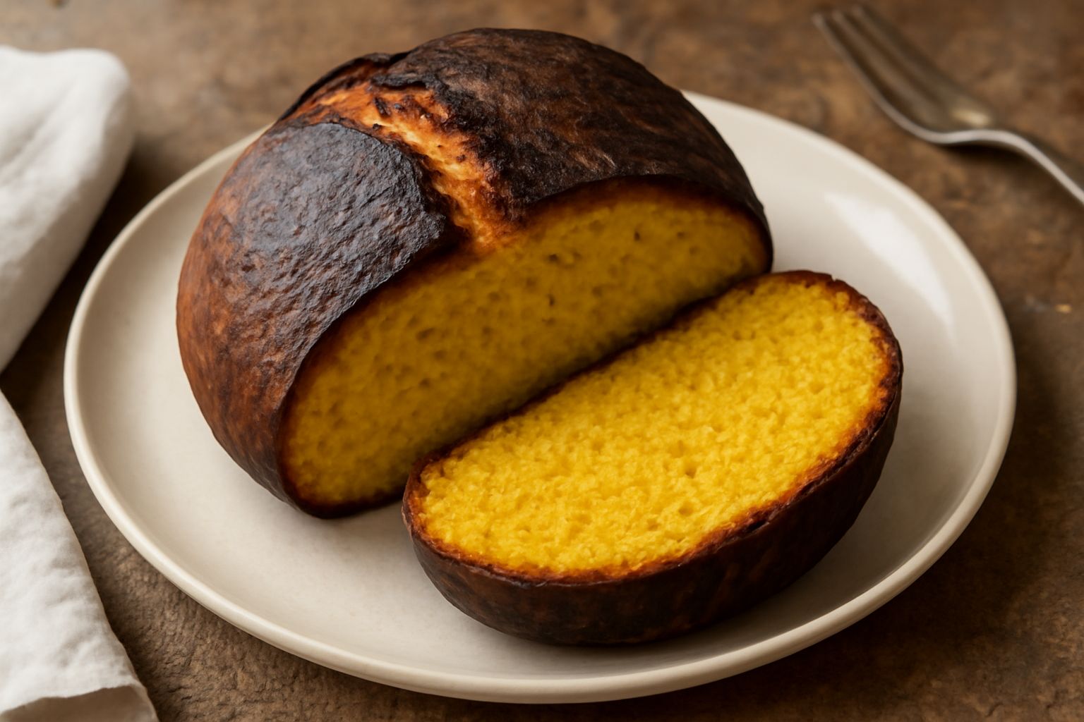 Un pane giallo-dorato di forma rotonda con crosta marrone scuro, tagliato a metà per mostrare la miga compatta e giallognola, appoggiato su un tavolo di legno