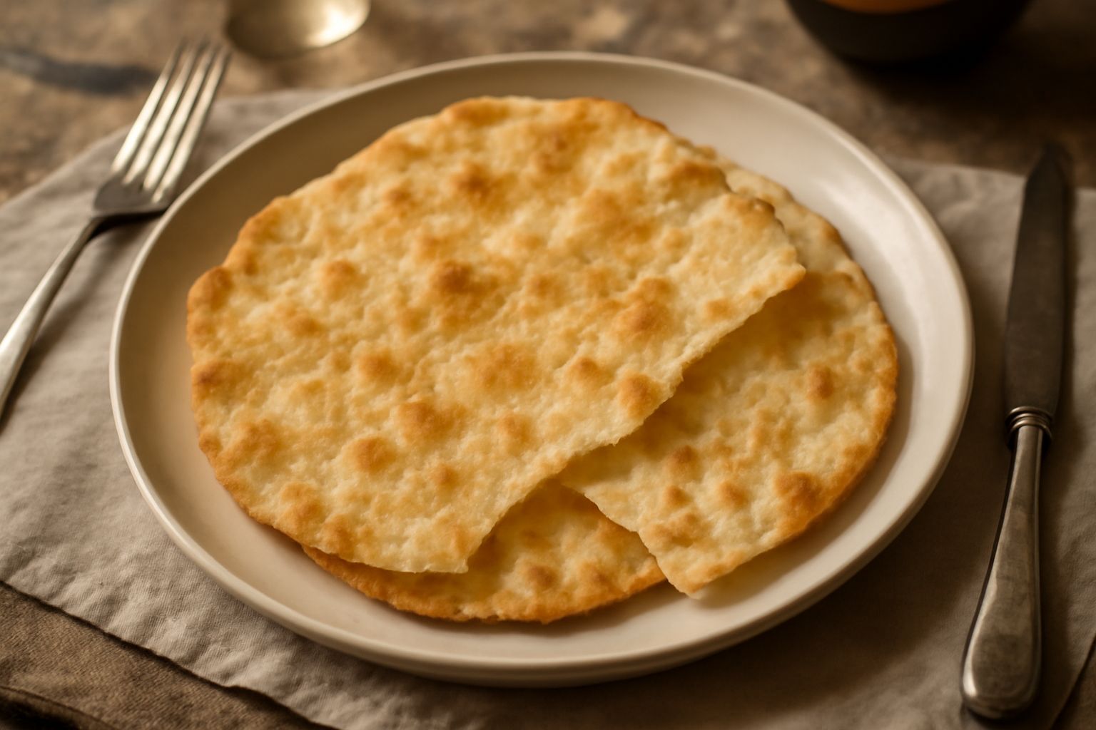 Pane grasau dorato e croccante, sfoglioso, impilato su un piatto bianco con miccatura visibile in superficie, spezzato parzialmente per mostrare l'interno friabile
